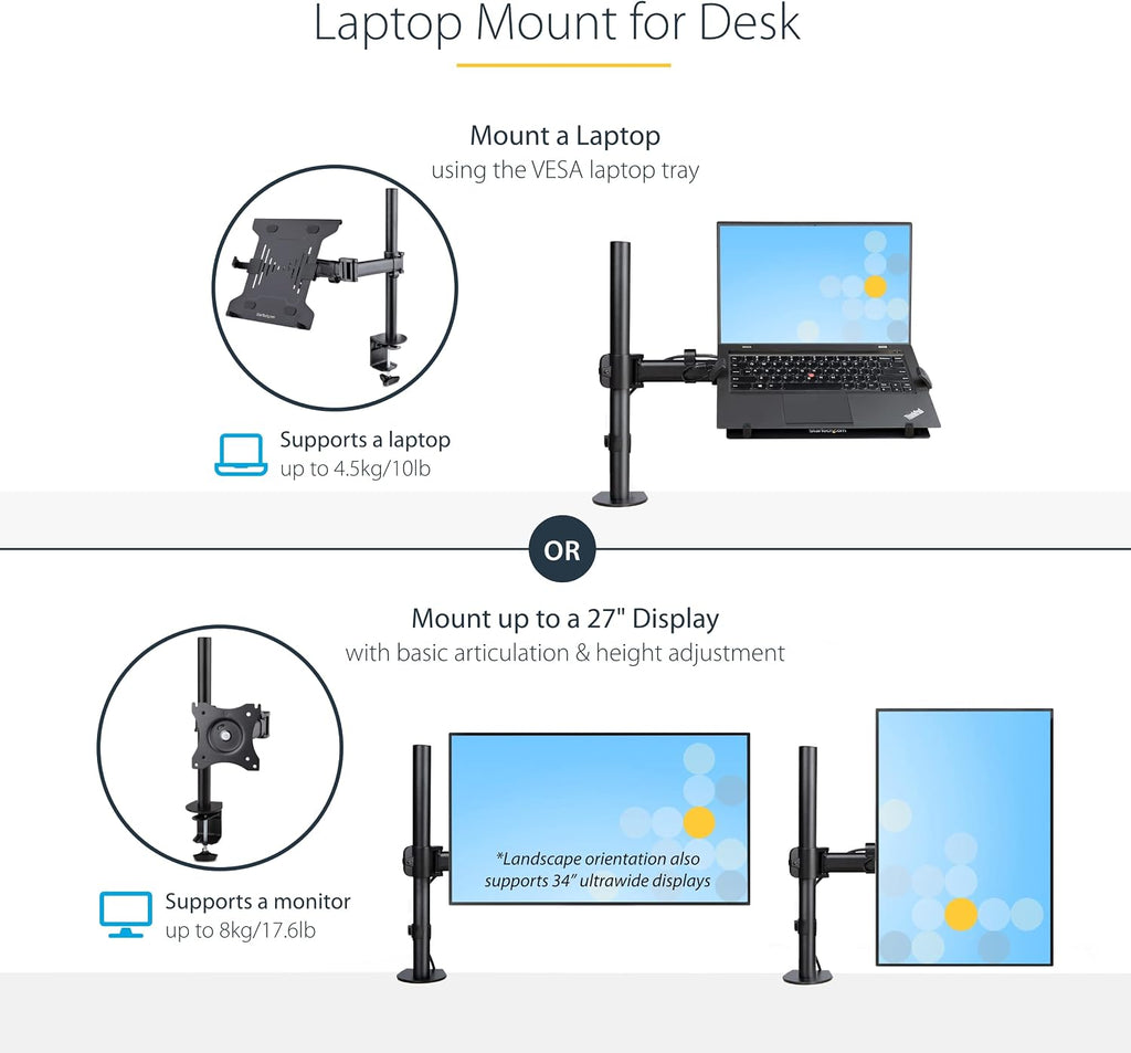StarTech.com Laptop Desk Mount, VESA Monitor Mount for Displays up to 34' 17.6lb/8kg or Laptops up to 9.9lb (4.5kg), Articulating Arm Tray with Clamp or Grommet Base