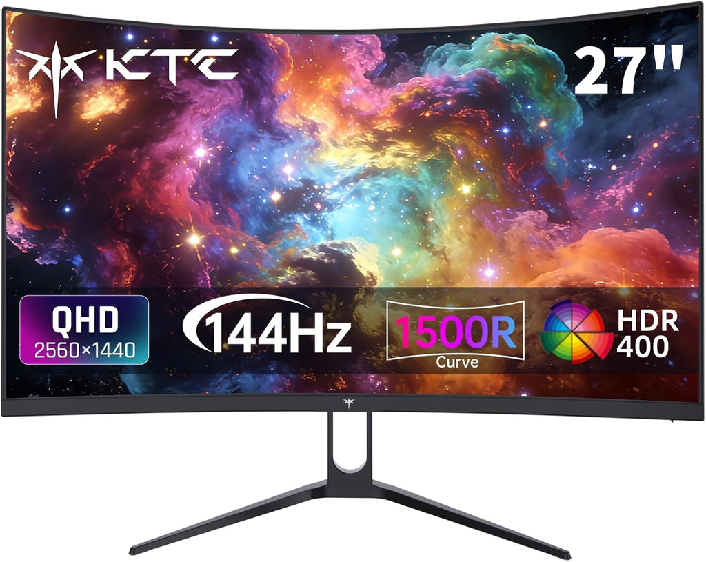 KTC H27S5C 27' Curved Gaming Monitor, 1440P QHD 144Hz 120Hz Monitor, 1500R HVA Panel, HDR400, Adaptive Sync, 400nits, HDMI 2.0 x2, DP 1.4, VESA 100x100 PC Monitor