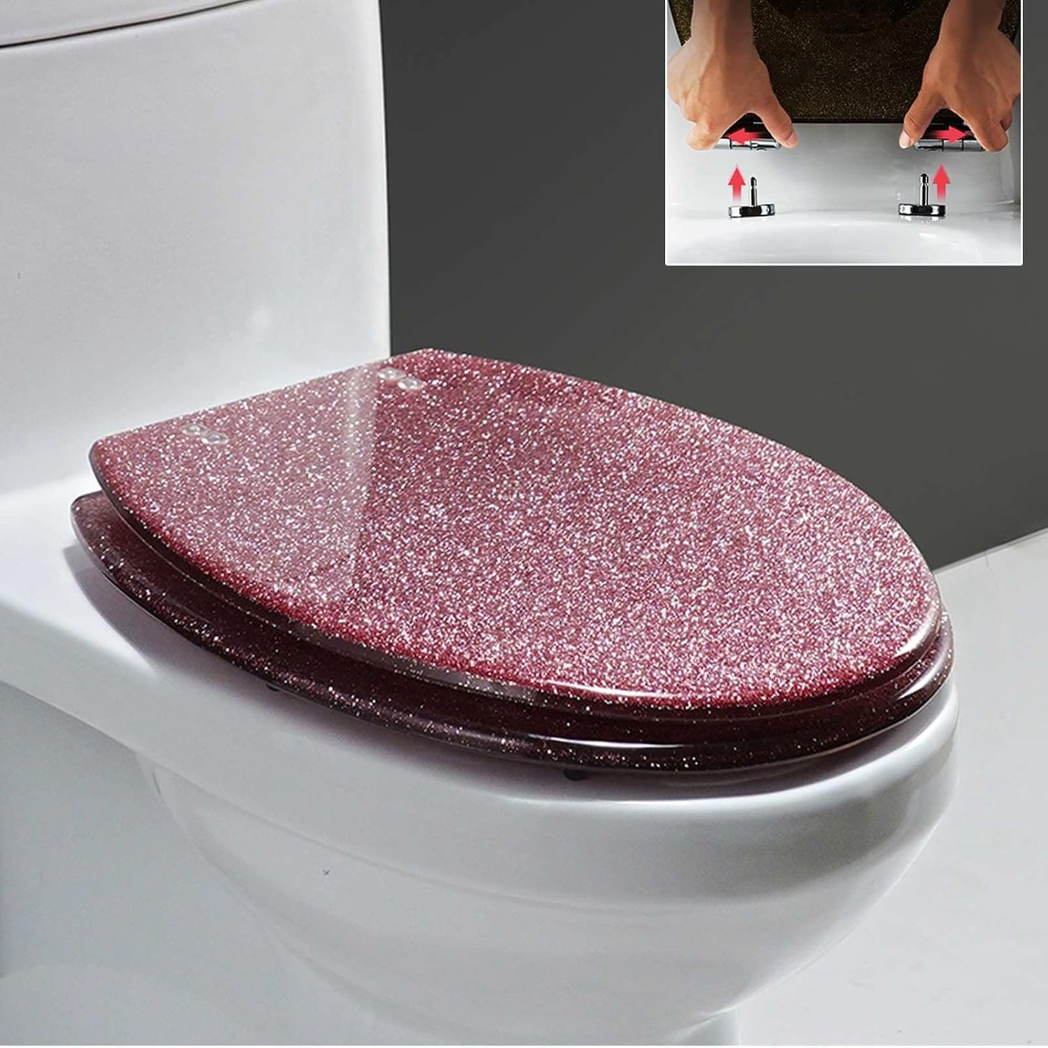 Sparkly Resin Toilet Seat, Elongated Toilet Seat, Thicken Toilet Seat, Slow Close Bathroom Toilet Lid, Easy to Clean & Install(Gold, Silver, Pink, Black),36 * 42Cm,Pink