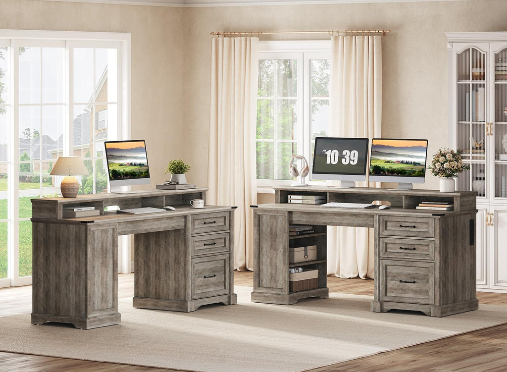 RALGEND 55'' Farmhouse Executive Desk with Drawers, Home Office Desk with File Cabinet and Storage Shelf, Charging Station, Computer Desk with Monitor Stand, Writing Gaming Desk, Greige