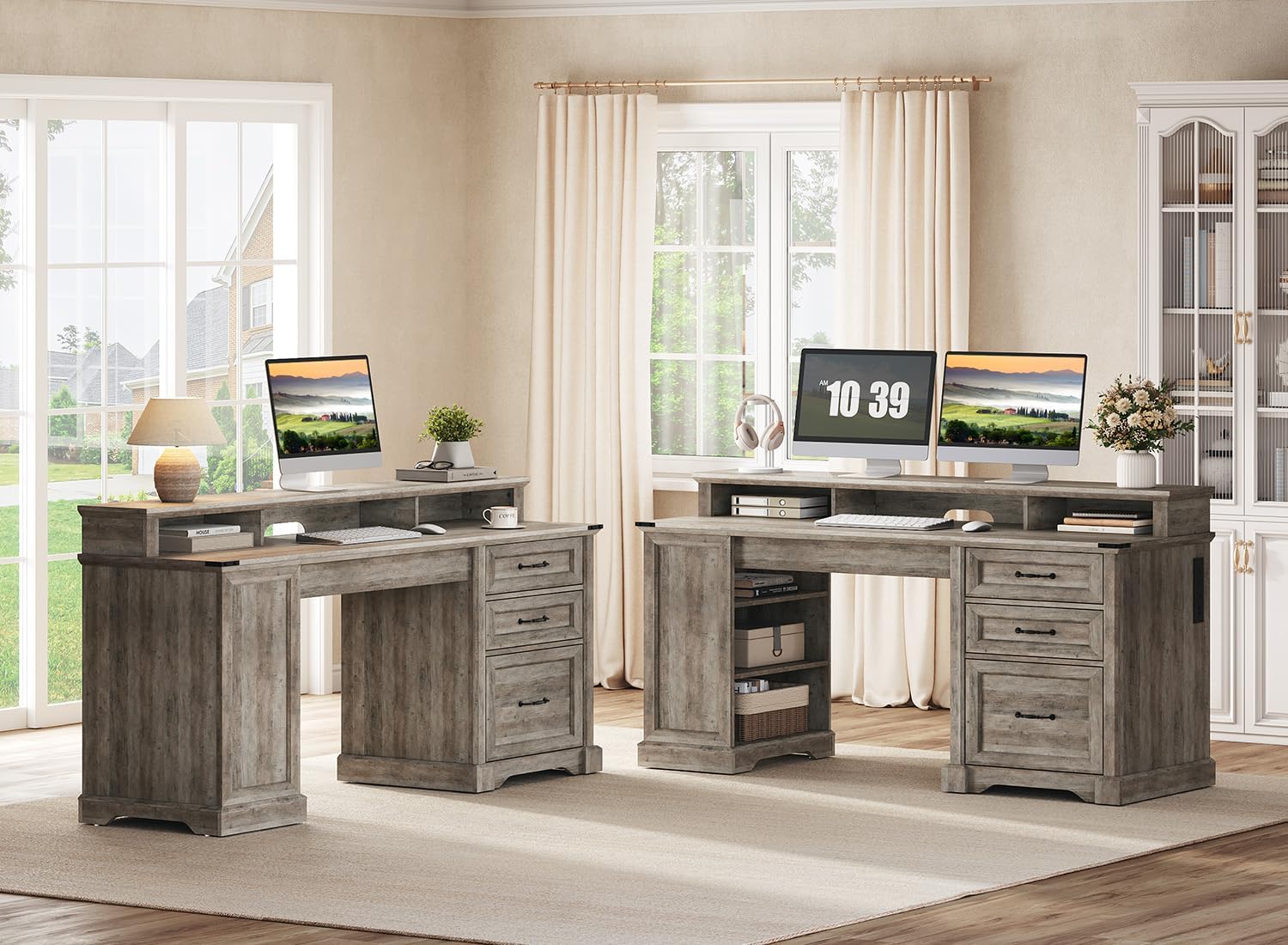 RALGEND 55'' Farmhouse Executive Desk with Drawers, Home Office Desk with File Cabinet and Storage Shelf, Charging Station, Computer Desk with Monitor Stand, Writing Gaming Desk, Greige