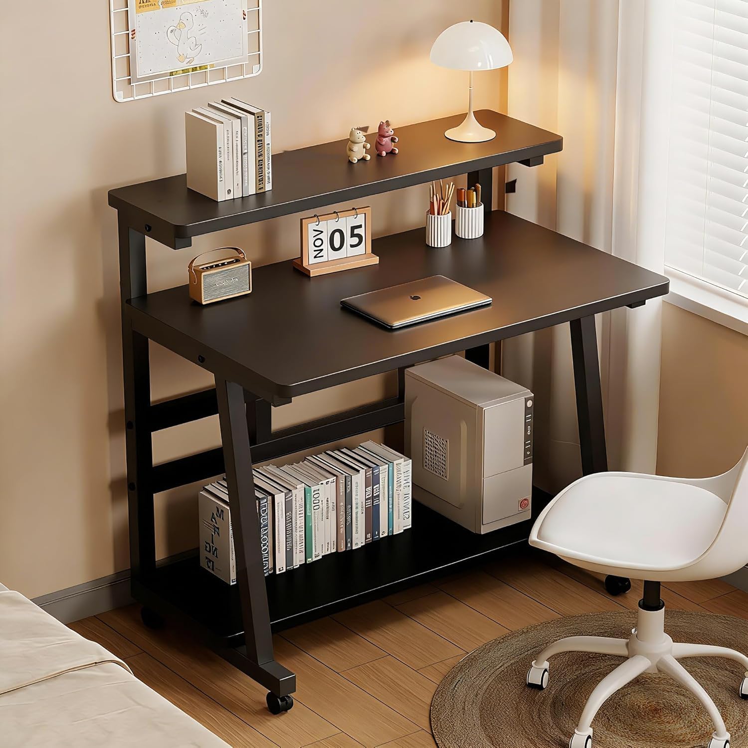 Rolling Desk, 39.4 Inch Small Desks with 3-Layer Storage & Monitor Stand, Compact Home Office Desk, Portable Laptop Table with Wheels for Small Spaces, Mobile Rolling Computer Work Desks