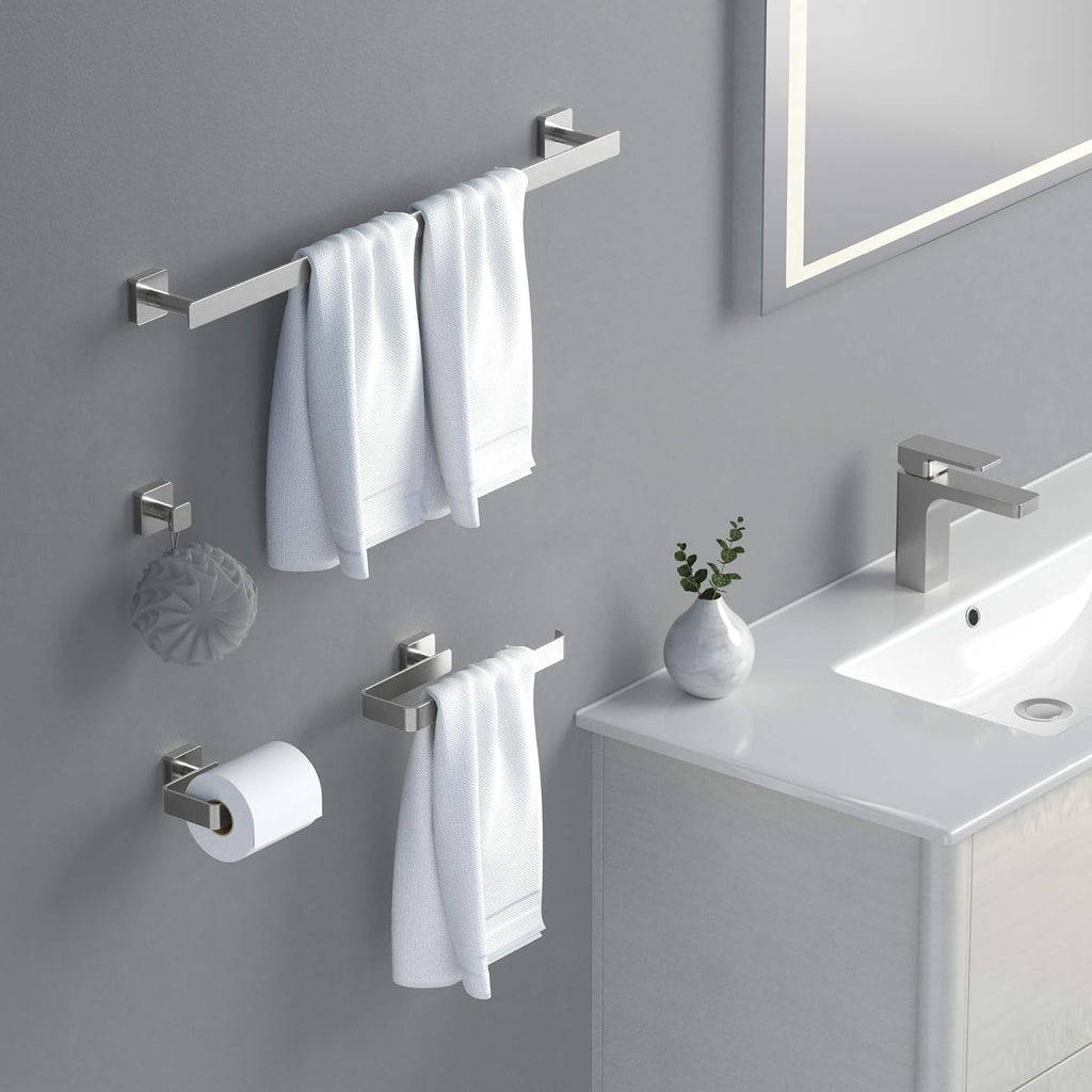 KIBI Blaze Bathroom Hardware Set 4 Piece Bathroom Accessories Set | Towel Bar (25'), Towel Holder, Toilet Paper Holders, Robe Hook (Brushed Nickel) (KBA16-4)