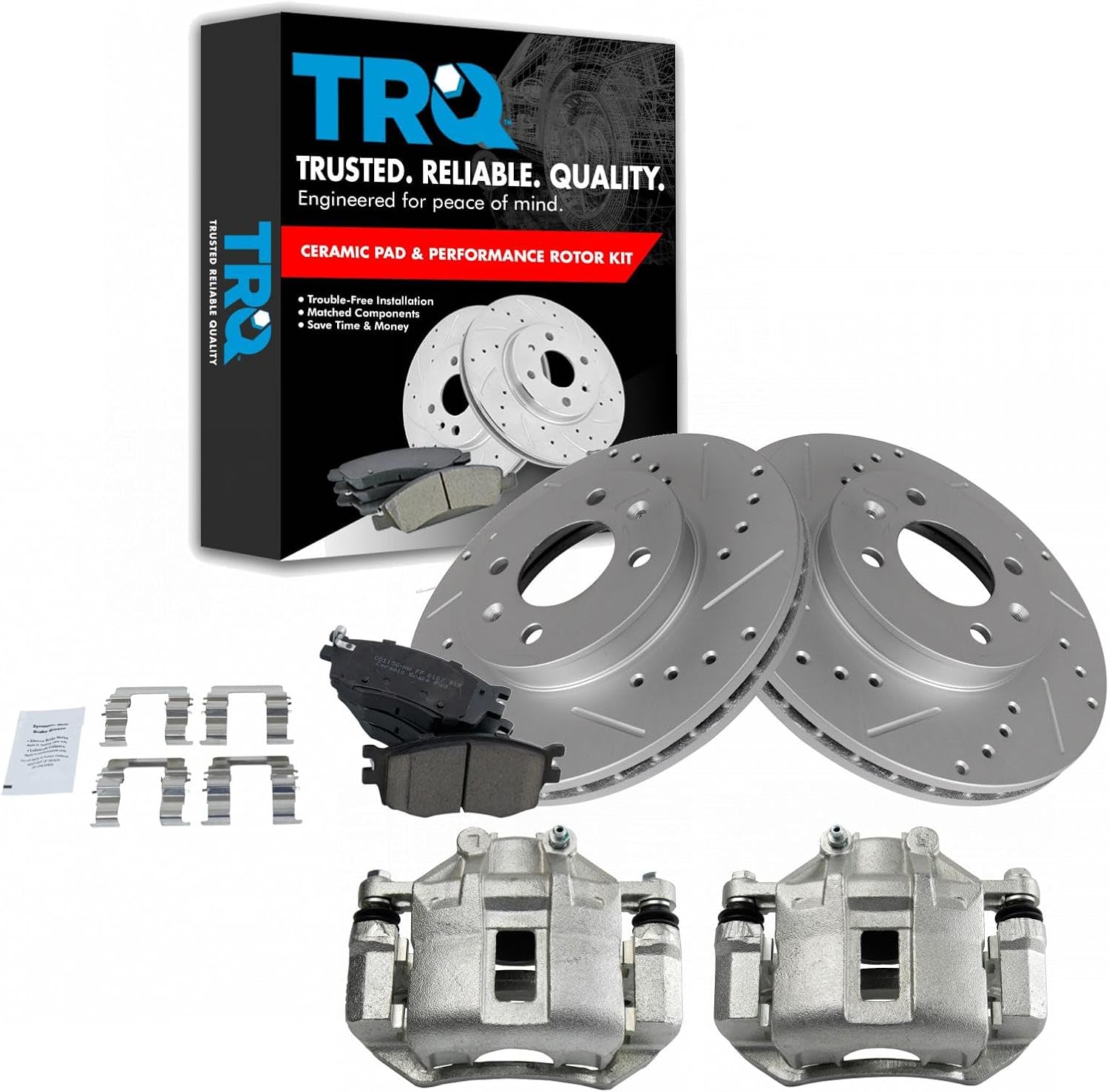 TRQ Performance Front Brake Pad and Rotor Set Ceramic Coated Drilled Slotted Rotors Calipers Compatible with 2006-2011 Hyundai Accent 2006-2011 Kia Rio