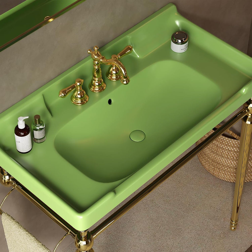 36'' Console Bathroom Sink, Freestanding Console Sink With Stainless Brushed Gold Legs, Modern Bathroom Sink Vanity with 3 Tap Holes and Pop Up Drain, Green