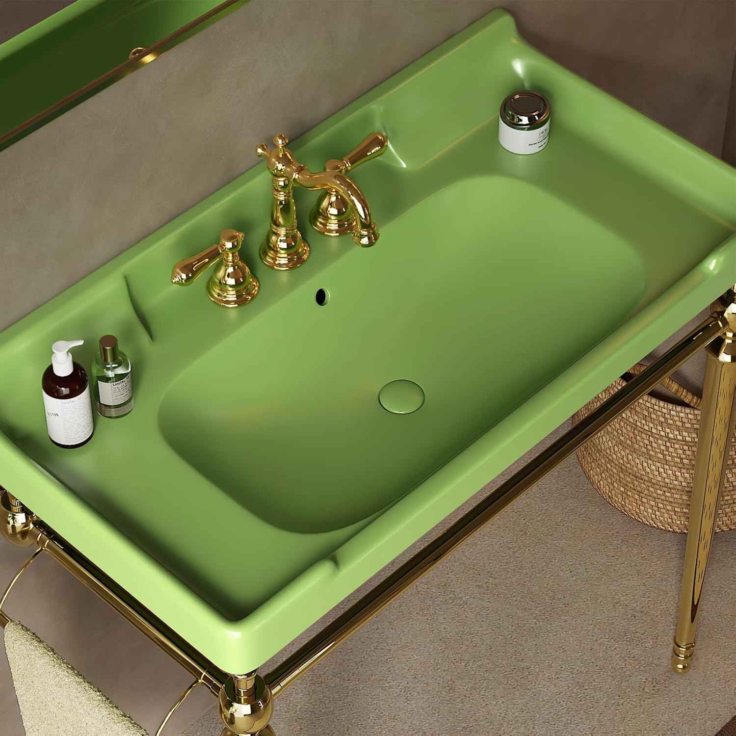 36'' Console Bathroom Sink, Freestanding Console Sink With Stainless Brushed Gold Legs, Modern Bathroom Sink Vanity with 3 Tap Holes and Pop Up Drain, Green
