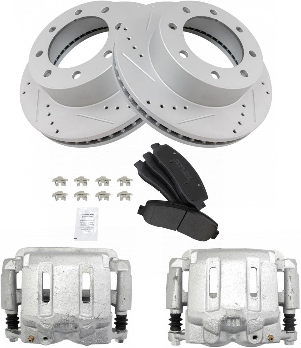 TRQ Front Performance Brake Pad, Caliper, & Rotor Kit Semi-Metallic Premium G-Coated Compatible with 2005-2012 Ford F-250 Super Duty F-350 Super Duty