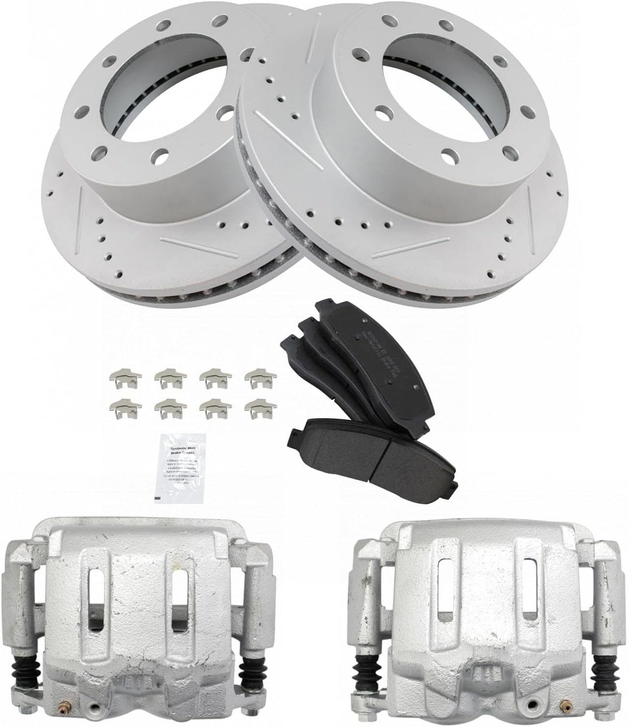 TRQ Front Performance Brake Pad, Caliper, & Rotor Kit Semi-Metallic Premium G-Coated Compatible with 2005-2012 Ford F-250 Super Duty F-350 Super Duty