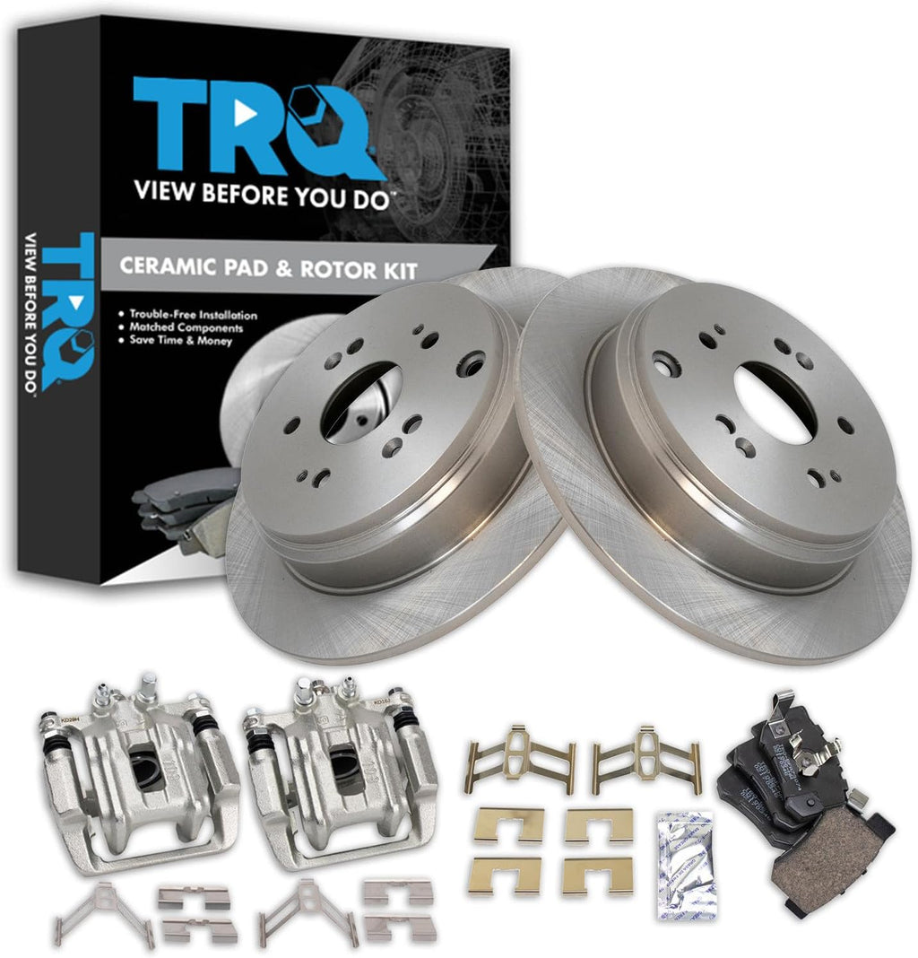 TRQ Rear Brake Pad and Rotor Set Ceramic Solid Rotors Calipers Compatible with 2010-2012 Acura RDX 2007-2011 Honda CR-V