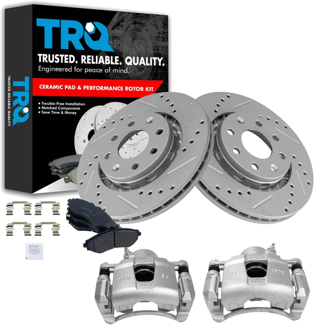 TRQ Performance Front Brake Pad and Rotor Set Ceramic Drilled Slotted Vented Rotors Calipers Compatible with 2004-2011 Chevrolet Aveo 2007-2011 Aveo5 2013-2015 Spark 2009 Pontiac G3