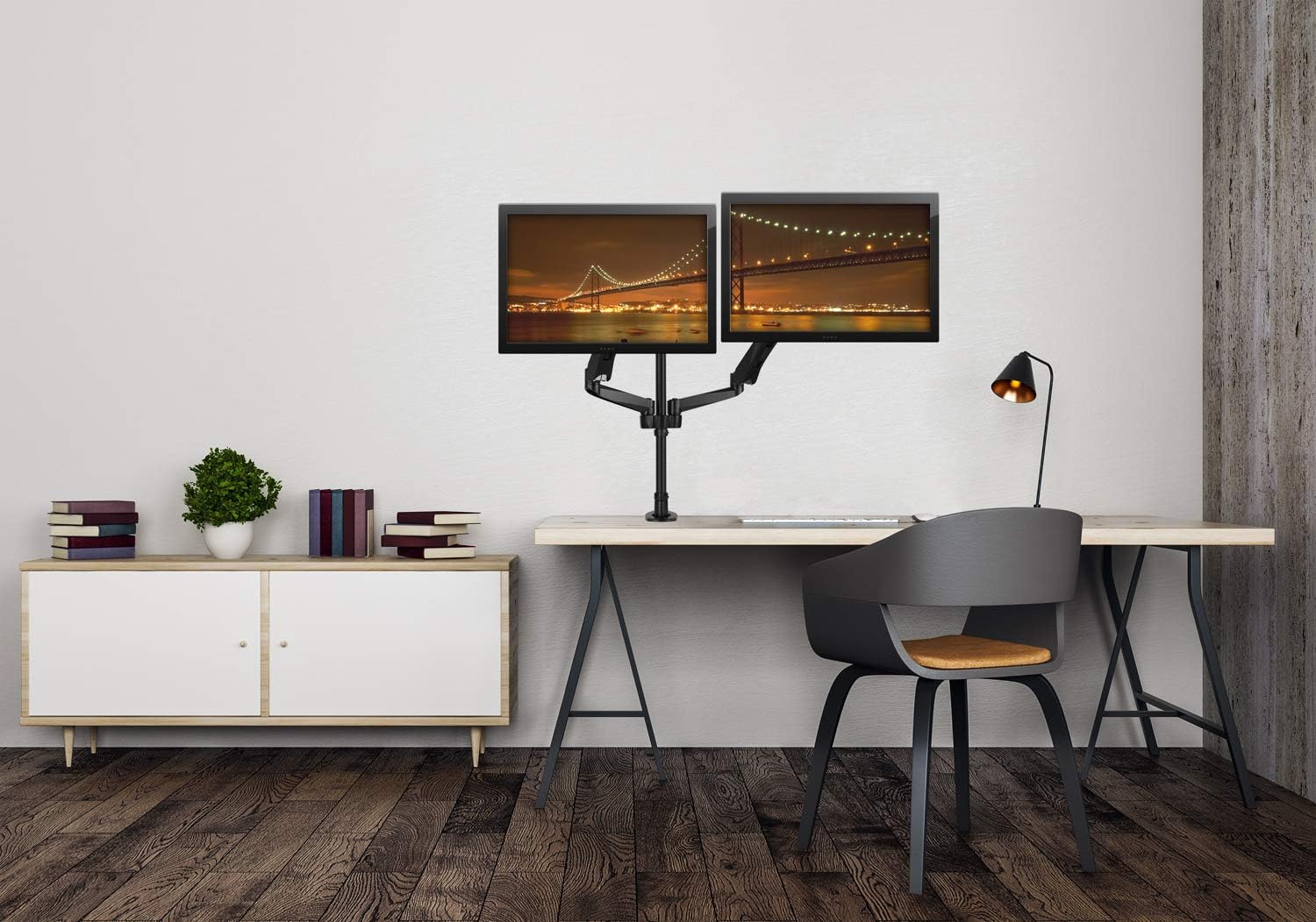 Mount-It! Premium Modular Dual Monitor Desk Mount Arms Stand | Double Gas Spring Arms Fits 19 21.5 24 27 32 Inch Computer Screens with 75 100 VESA Patterns | C-Clamp and Grommet Bases | Black