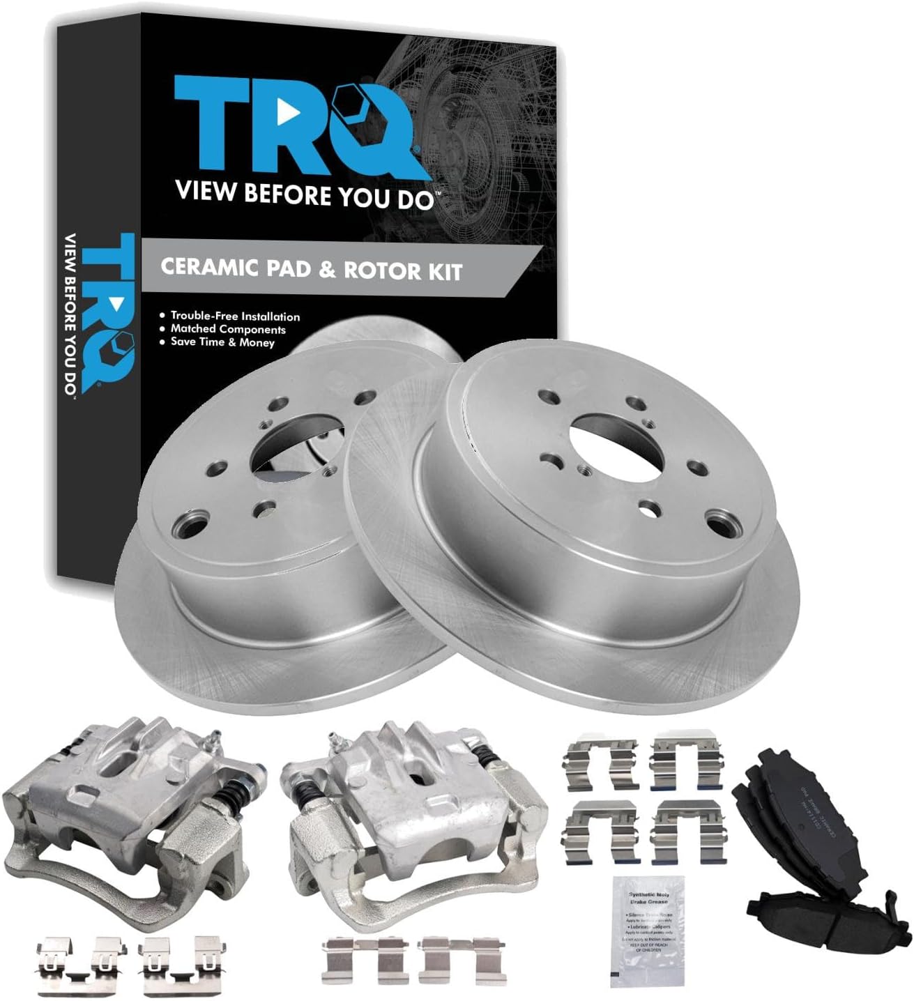 TRQ Rear Brake Pad and Rotor Set Ceramic Solid Rotors Calipers Compatible with 2012-2013 Subaru Impreza