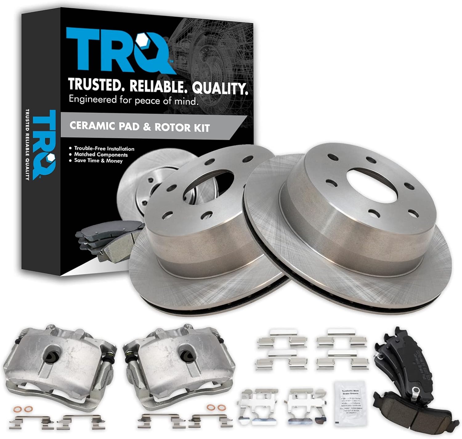 TRQ Rear Brake Pad and Rotor Set Ceramic Vented Rotors Calipers Compatible with 2005 Chevrolet Silverado 1500