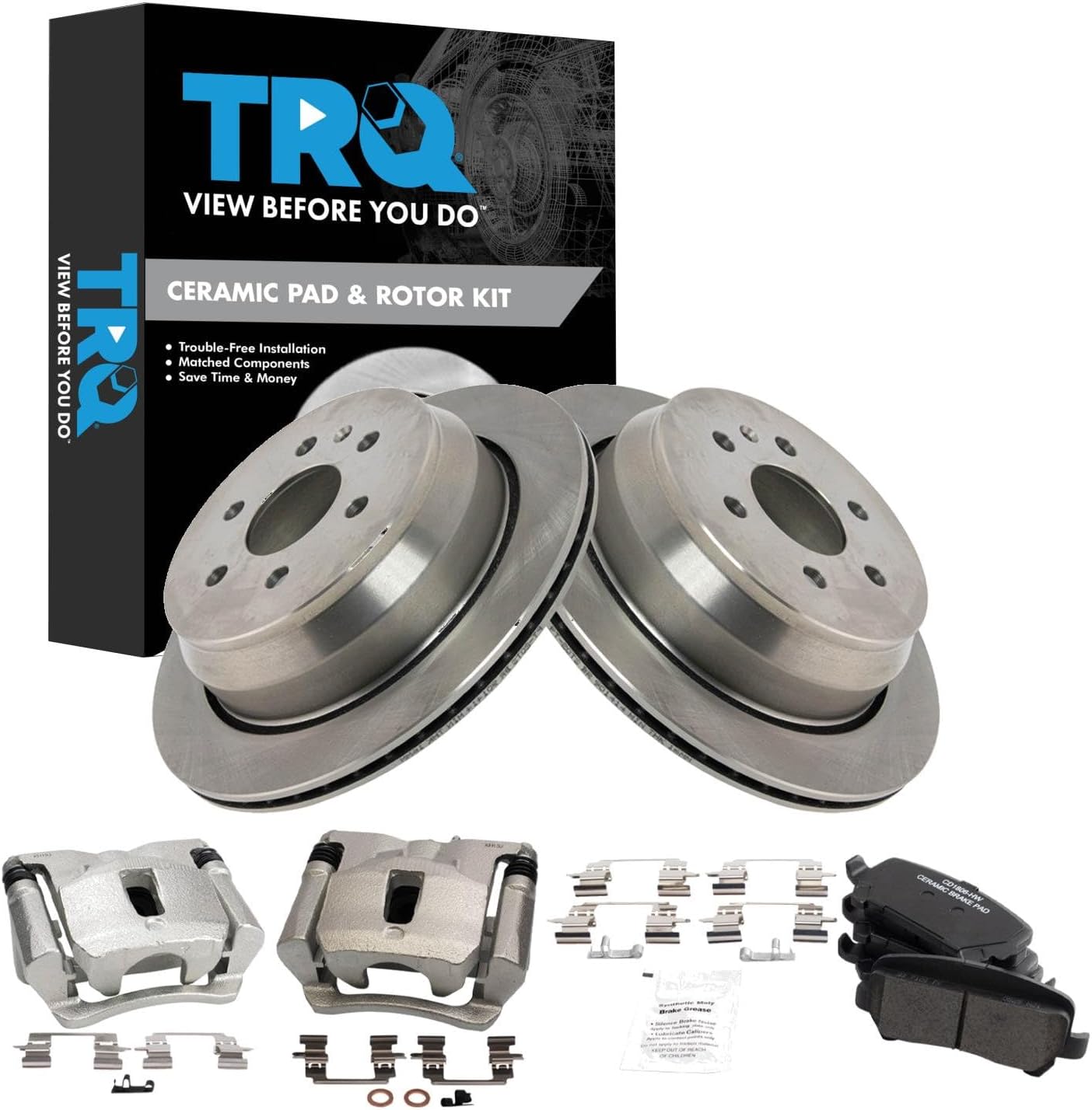 TRQ Rear Brake Pad and Rotor Set Ceramic Vented Rotors Calipers Compatible with 2015-2019 Chevrolet Colorado GMC Canyon