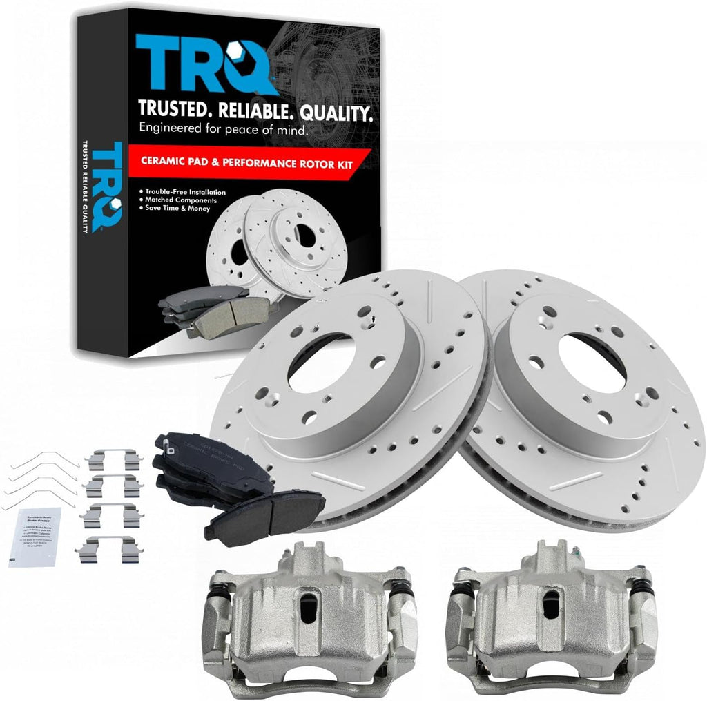 TRQ Performance Front Brake Pad and Rotor Set Ceramic Vented G Coated Rotors Calipers Compatible with 2012-2015 Honda Civic