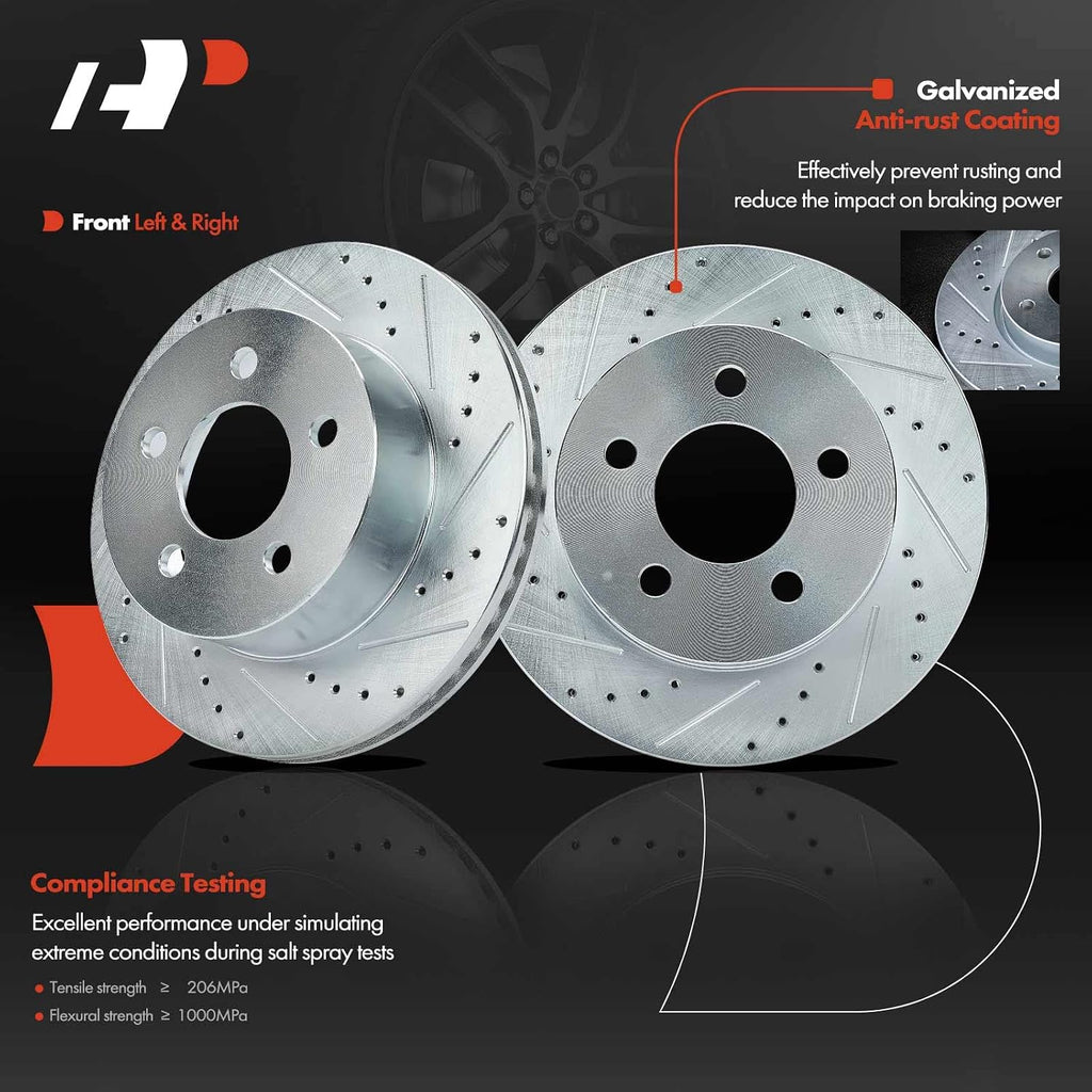 A-Premium Front Drilled and Slotted Disc Brake Rotors and Ceramic Pads Kit with Calipers Compatible with Jeep Cherokee 1999-2001 Wrangler TJ 1999-2006 2.4L 2.5L 4.0L 8-PC Set