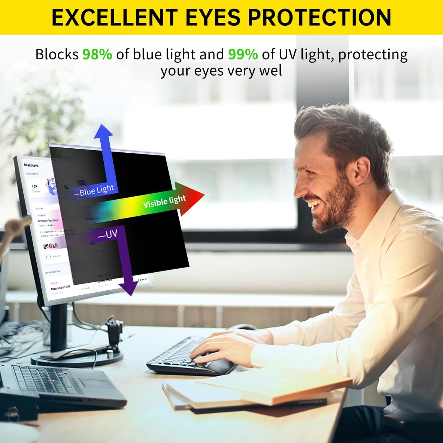 〔2-Pack〕 24 Inch Computer Privacy Screen Filter for 16:9 Monitor, Anti-Blue Light, Anti-UV,Blue Light Blocking Removable Privacy Protector Shield Fits 23.6', 23.8', 24' Monitors