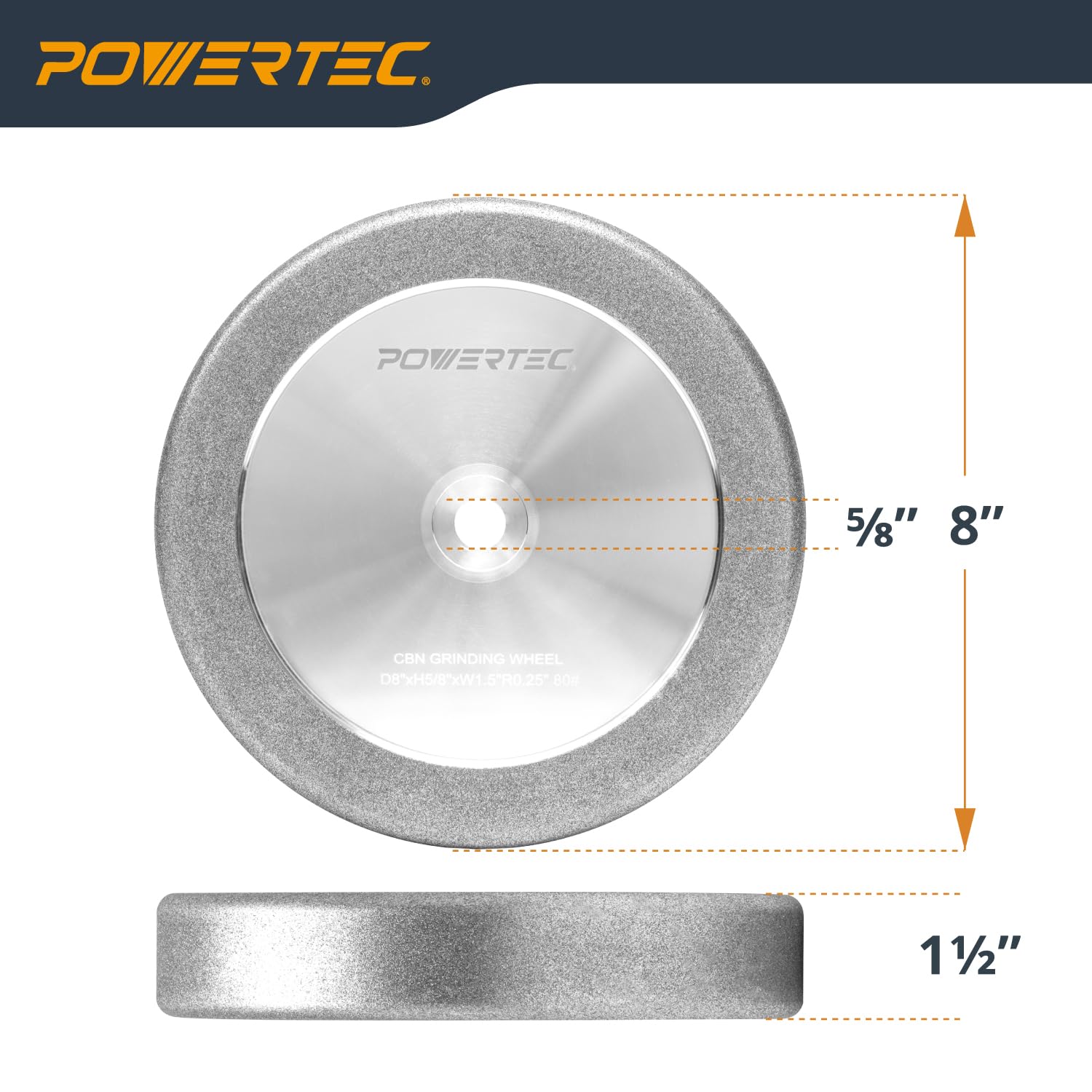 POWERTEC CBN Grinding Wheel 8 Inch, 5/8' Arbor, 8' x 1' Wide 180 Grit Bench Grinder Wheel & 8' x 1-1/2' Wide 80 Grit, 4-in-1 CBN Sharpening Wheel w/ 1/4' Radius Edge and Side Face - 2PK (15710)