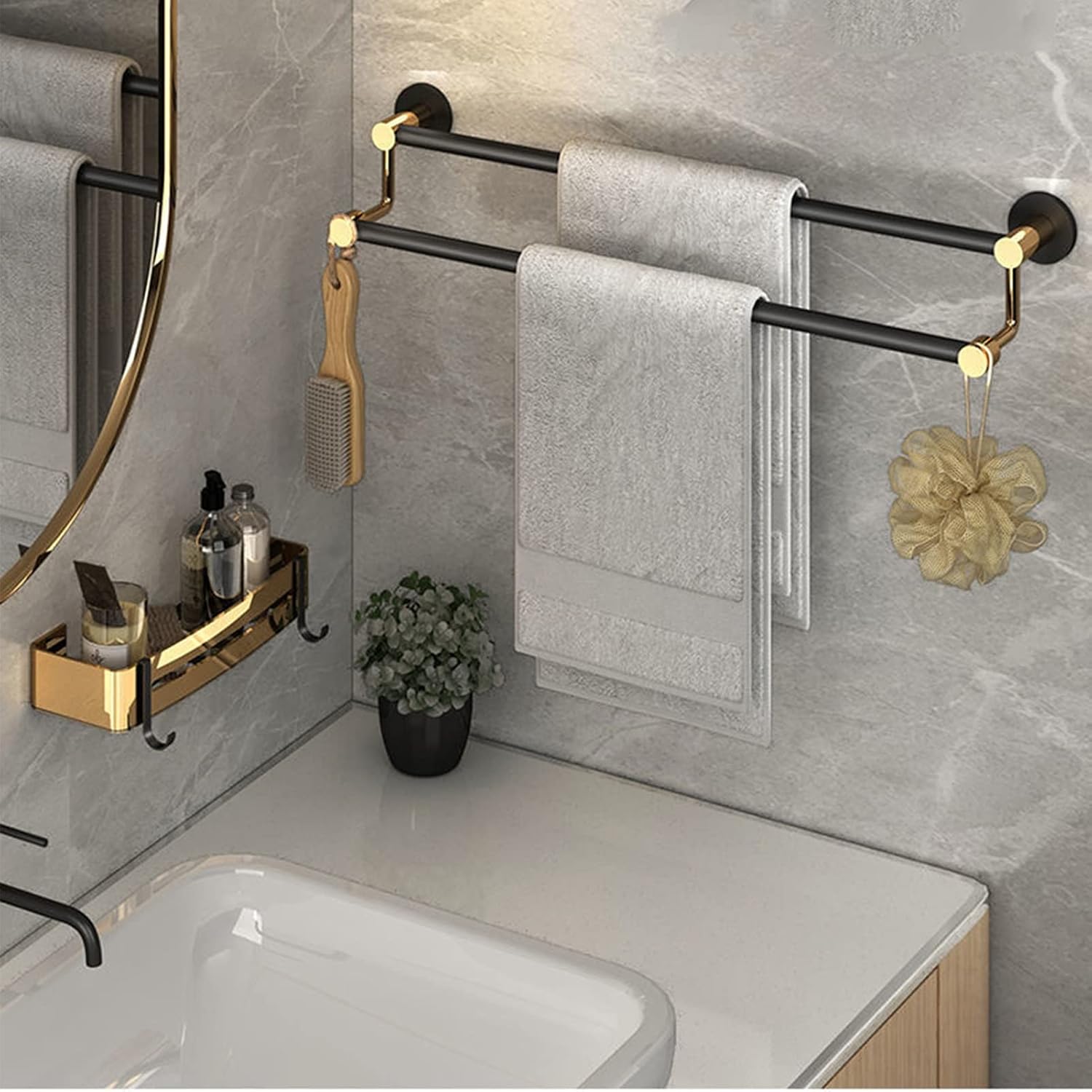 Stainless Steel Double Towel Bar Rail - 60 cm / 24 inches Wall Bath Towel Holder, Screws Mounting Rail Rack for Kitchen and Bathroom (Black Gold) (Size : 39.4inch)