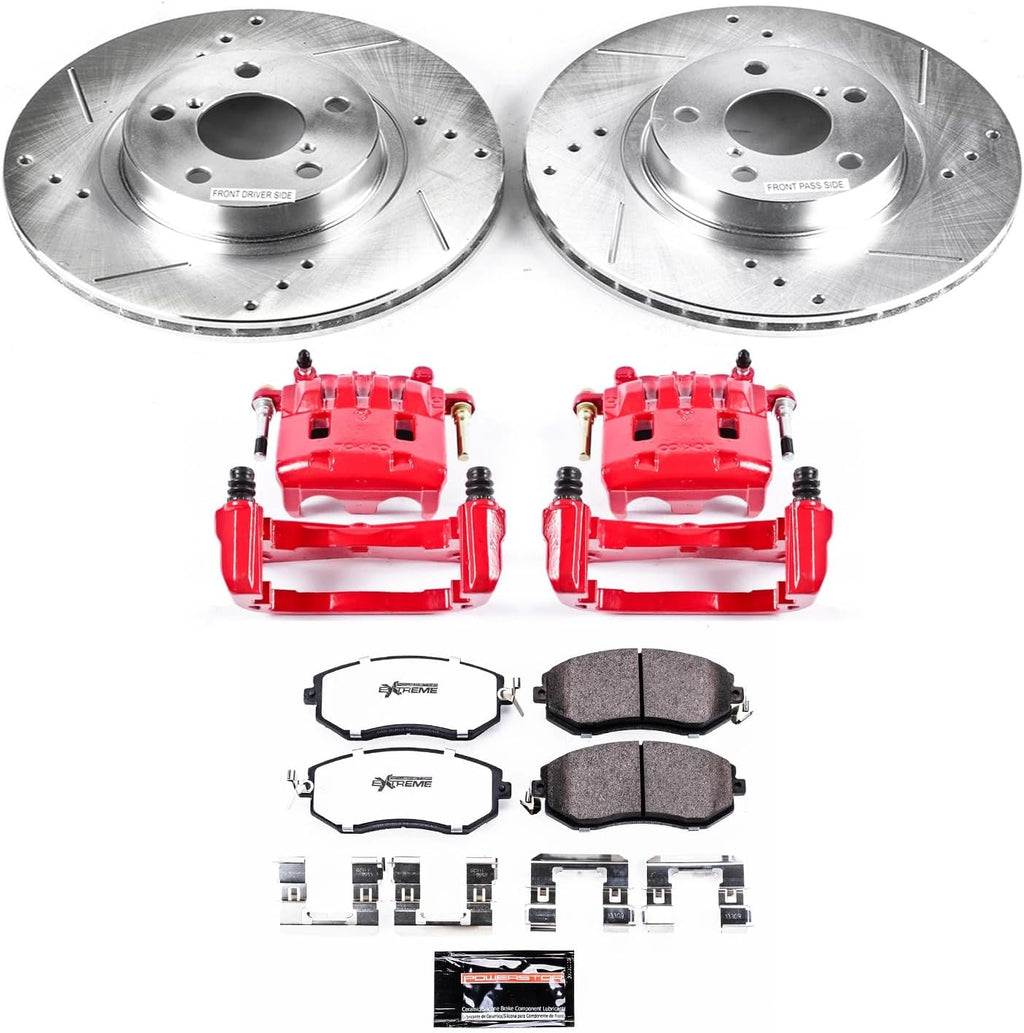 PowerStop Front Brake & Caliper Kit for Subaru Impreza 2011-16 - Carbon-Fiber Ceramic Brake Pads + Drilled & Slotted Rotors + Red Powder Coated Calipers, KC6111