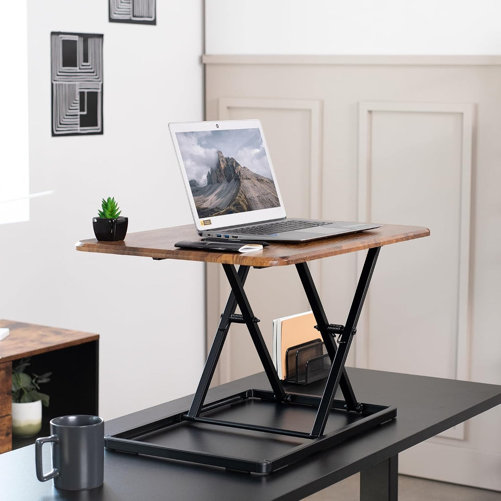 VIVO Ultra-Slim Single Top Height Adjustable Standing Desk Riser, Compact Sit Stand Desktop Converter for Monitor or Laptop, Rustic Vintage Brown, DESK-V001JN