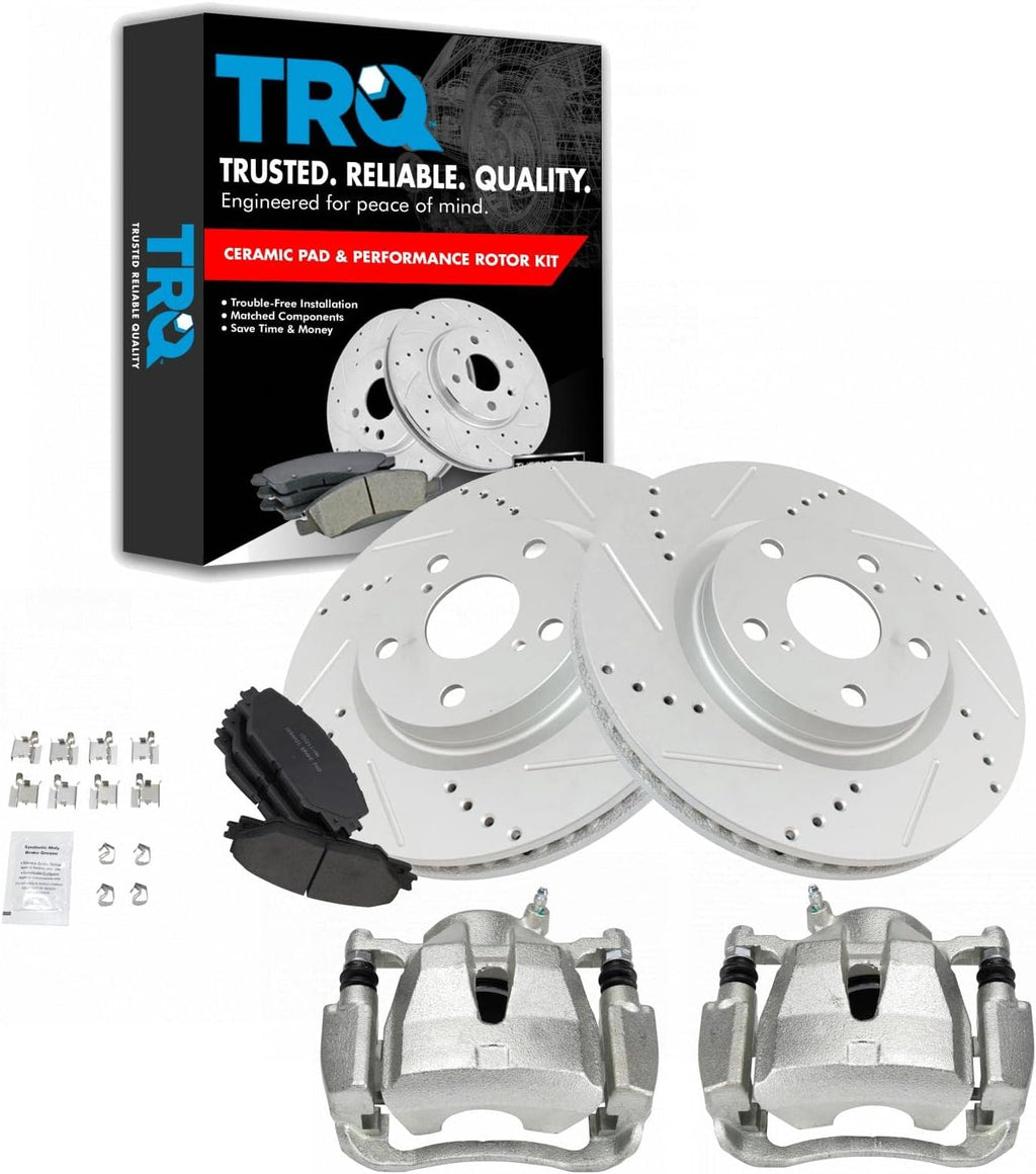TRQ Performance Front Brake Calipers Ceramic Pads & Drilled Rotors Compatible with Corolla Matrix RAV4