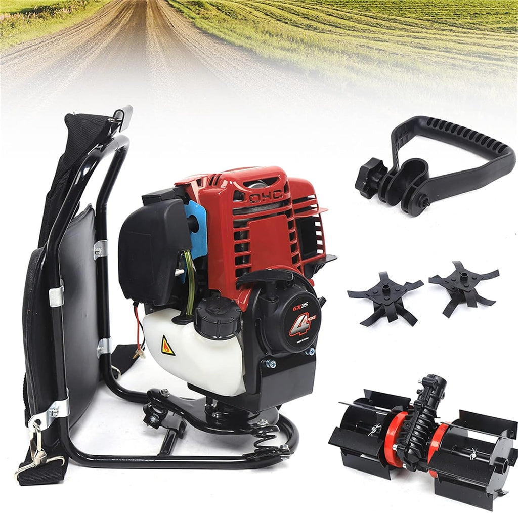 3IN1 Backpack Brush Cutter Tiller, 4 Stroke 1.4HP Gas Powered Grass Hedge Trimmer Air-Cooled Single Cylinder Cultivator Lawn Mower for Farmland Weeding, Harvesting, Clearing 4500-8500RPM 35.4CC