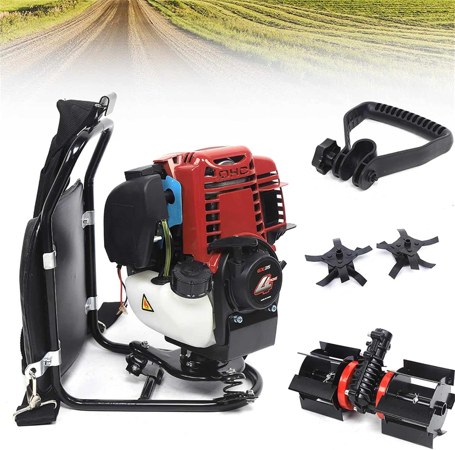 3IN1 Backpack Brush Cutter Tiller, 4 Stroke 1.4HP Gas Powered Grass Hedge Trimmer Air-Cooled Single Cylinder Cultivator Lawn Mower for Farmland Weeding, Harvesting, Clearing 4500-8500RPM 35.4CC