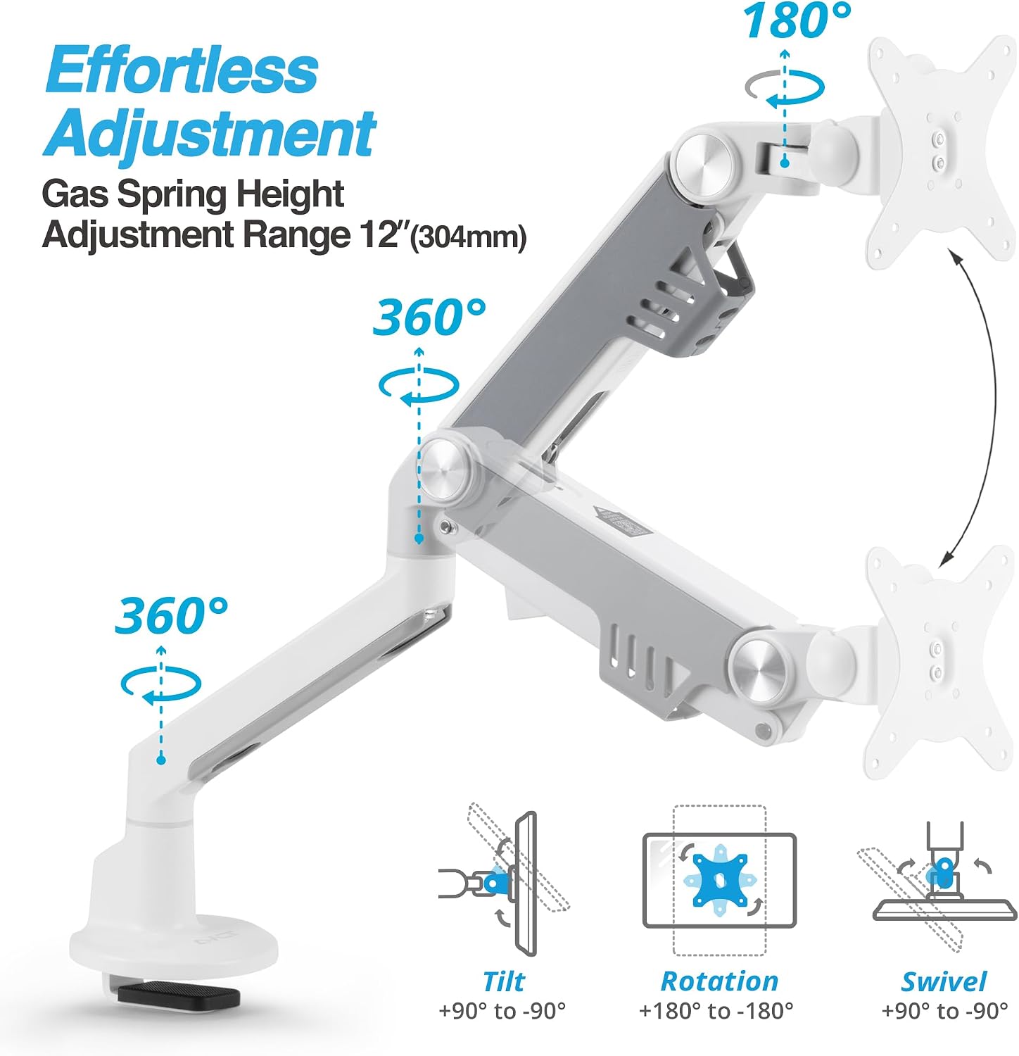 AVLT Single 13'-38' Monitor Arm Desk Mount fits One Flat/Curved/Ultrawide Screen Full Motion Height Swivel Tilt Rotation Adjustable Arm - VESA/C-Clamp/Cable Management - White