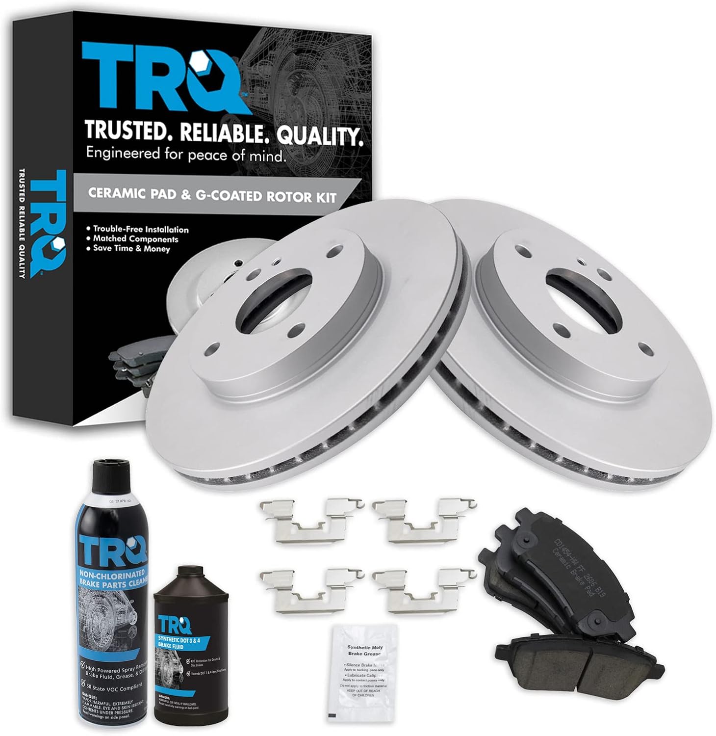 TRQ Front Brake Pad & Rotor Kit, with Chemical Kit Ceramic Premium G-Coated Compatible with 2011-2018 Ford Fiesta
