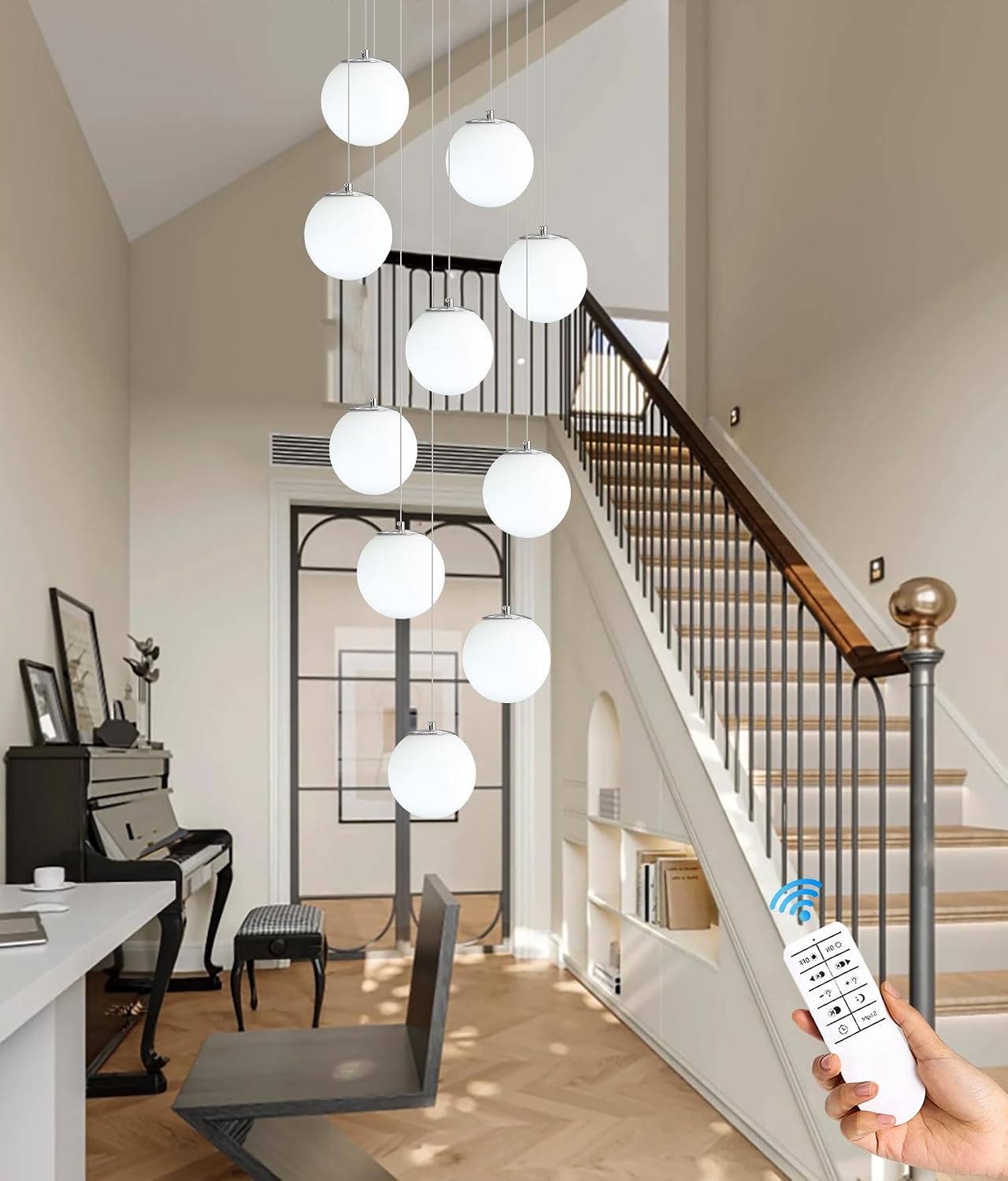 ykolupty LED Staircase Chandelier Glass Globe Pendant Light Chrome Large Chandeliers for High Ceiling,10-Lights Hanging Flush Mount Lighting Fixtures for Foyer,Entryway,Living Room