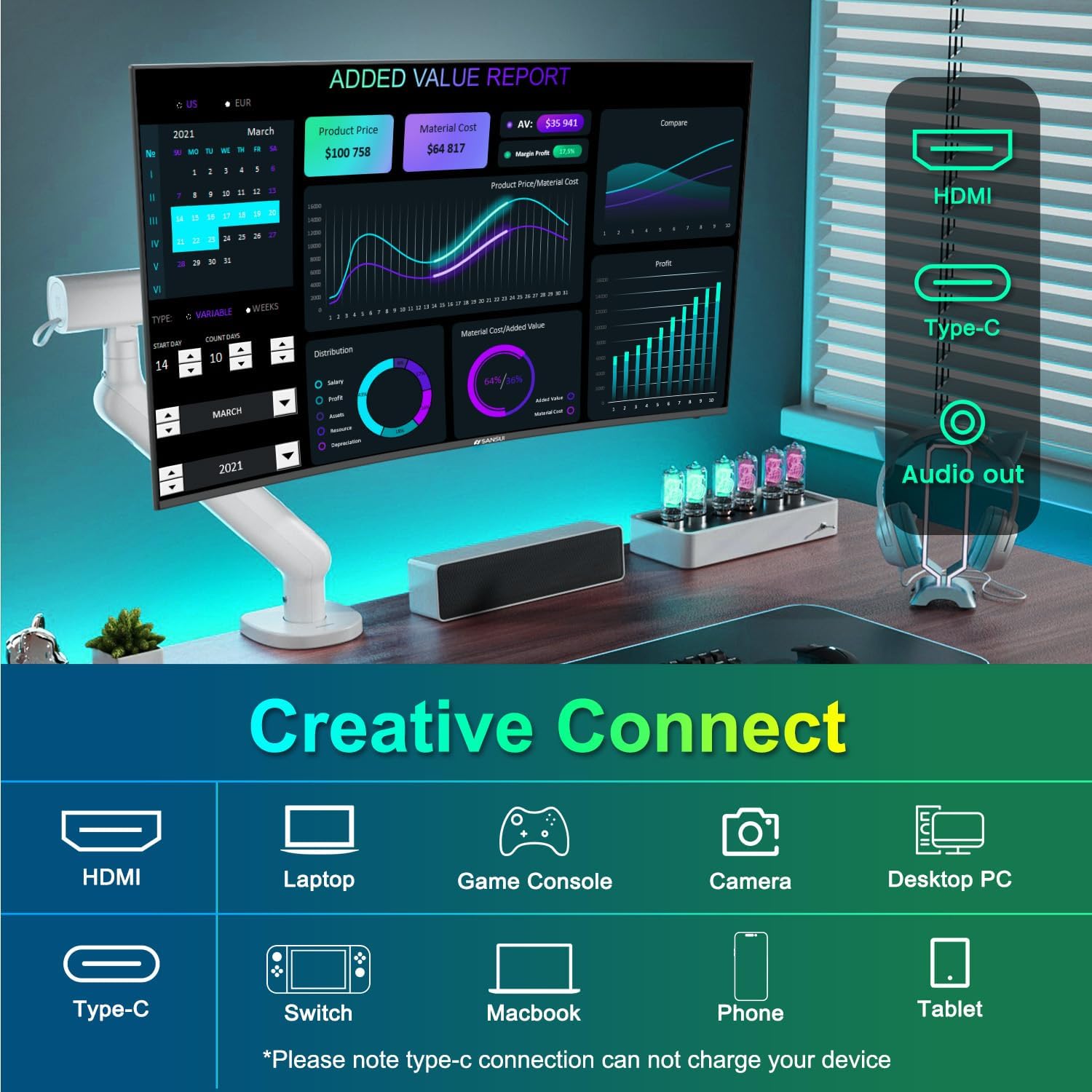 SANSUI Curved Monitor 27 inch 120Hz USB Type-C Computer Monitor with Speakers Built in丨FHD 1080p丨HDR丨110% sRGB丨1500R丨VESA Compatible,for Tablet,Desktop,Laptop and PC Work Gaming