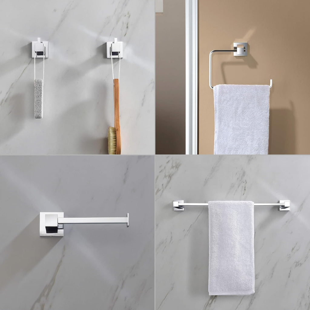 KIBI Cube 5-Piece Brushed Nickel Bathroom Hardware Set, Solid Brass Wall Mount Toilet Paper Holder & Towel Bar Set | Includes 18' Towel Bar, Towel Ring, Toilet Paper Holder & Robe Hooks (C-KBA15-5-3)