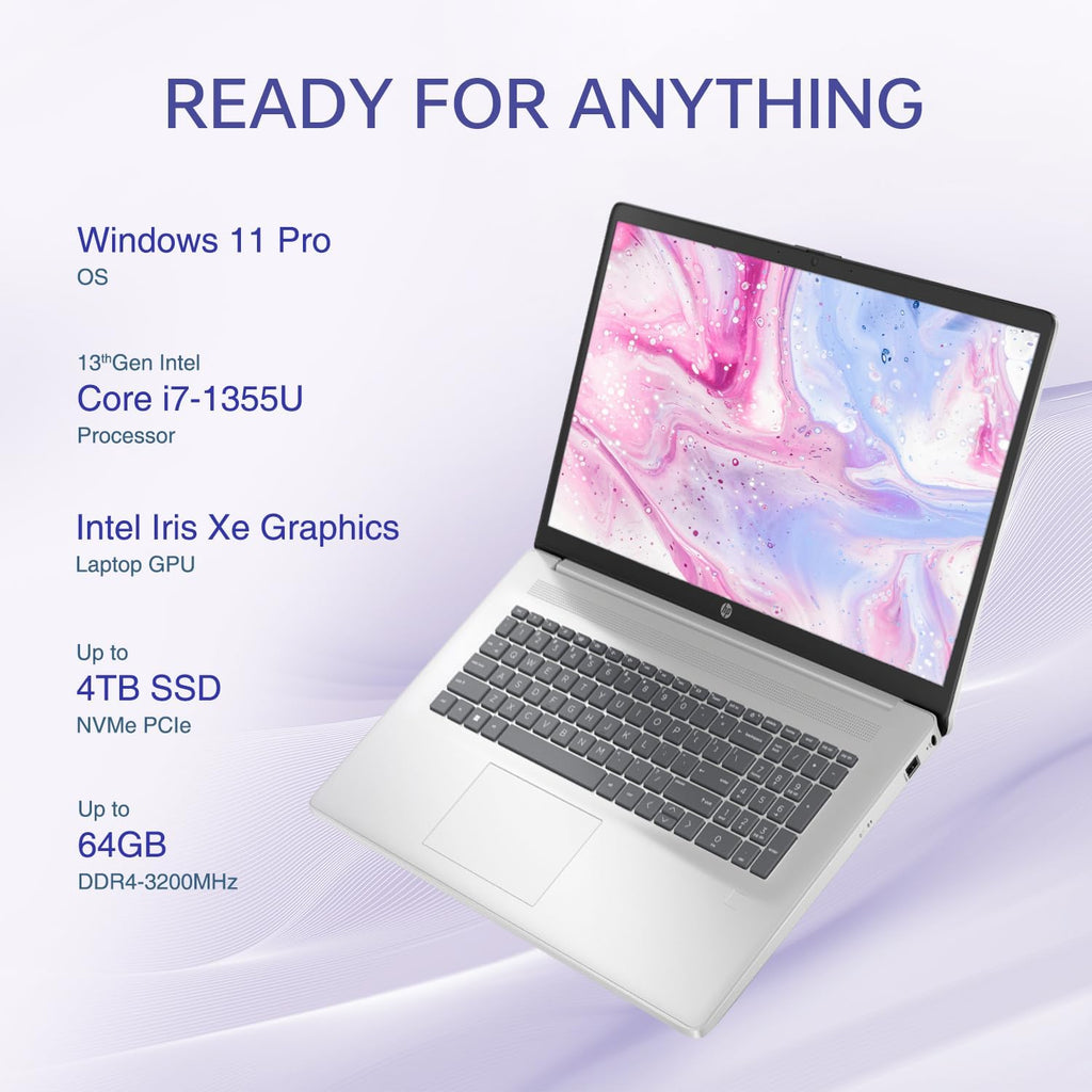 HP 17t Performance Business Laptop, 17.3' FHD, Intel Core i7-1355U, 16GB RAM, 1TB SSD, Fingerprint Reader, HDMI, SuperSpeed USB, Wi-Fi 6, Backlit Keyboard, Windows 11 Pro, Silver