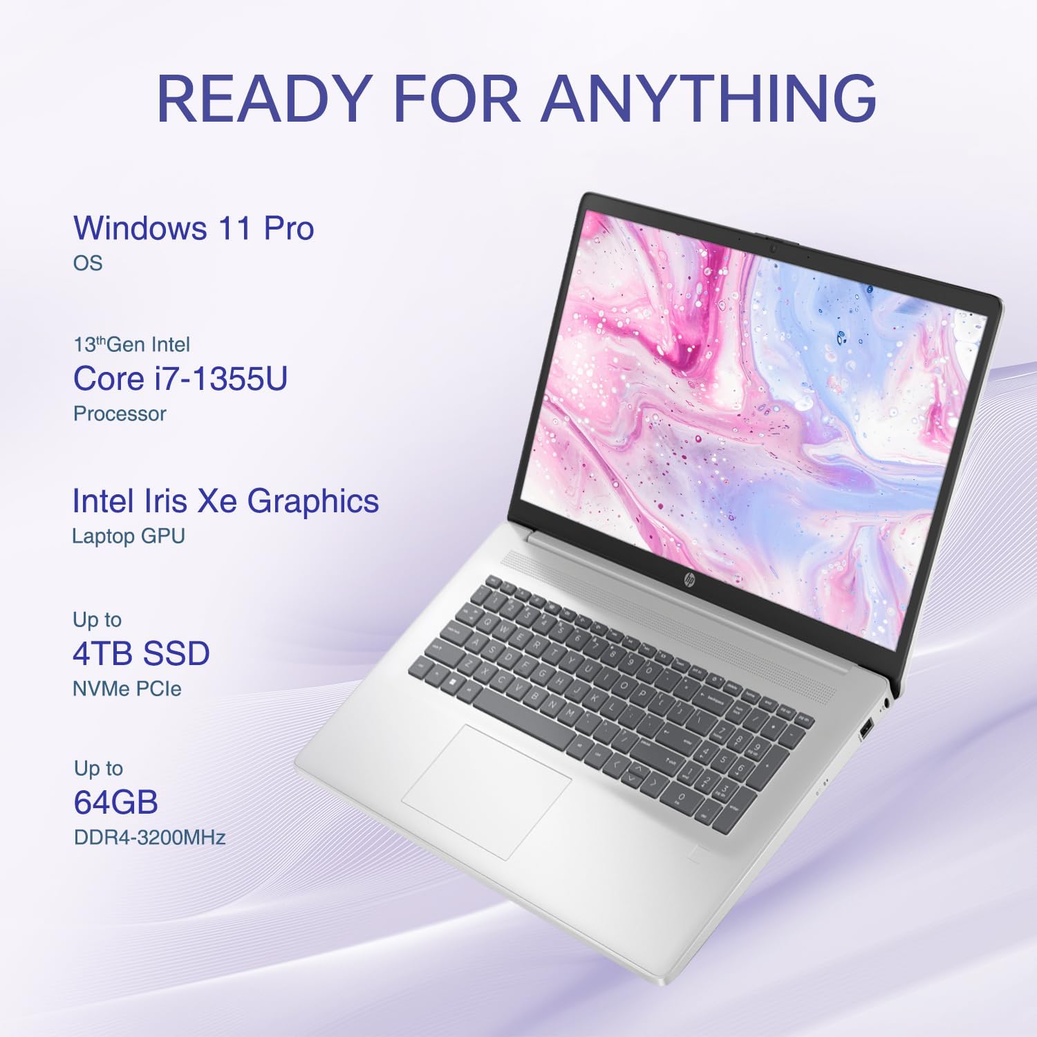 HP 17t Performance Business Laptop, 17.3' FHD, Intel Core i7-1355U, 16GB RAM, 1TB SSD, Fingerprint Reader, HDMI, SuperSpeed USB, Wi-Fi 6, Backlit Keyboard, Windows 11 Pro, Silver