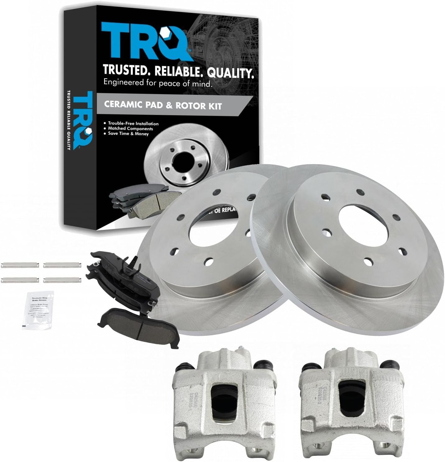 TRQ Rear Brake Pad and Rotor Set Ceramic Rotors Calipers Compatible with 2004-2010 Infiniti QX56 2004-2015 Nissan Titan 2004 Pathfinder Armada 2005-2015 Armada