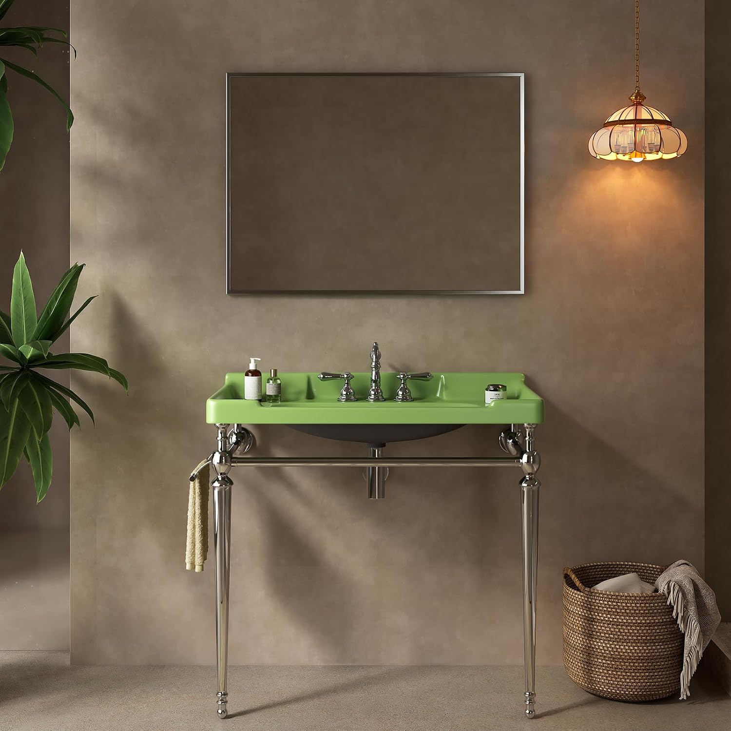 36'' Console Bathroom Sink, Freestanding Console Sink With Stainless Brushed Chrome Legs, Modern Bathroom Sink Vanities with 3 Tap Holes and Pop Up Drain, Green with Silver