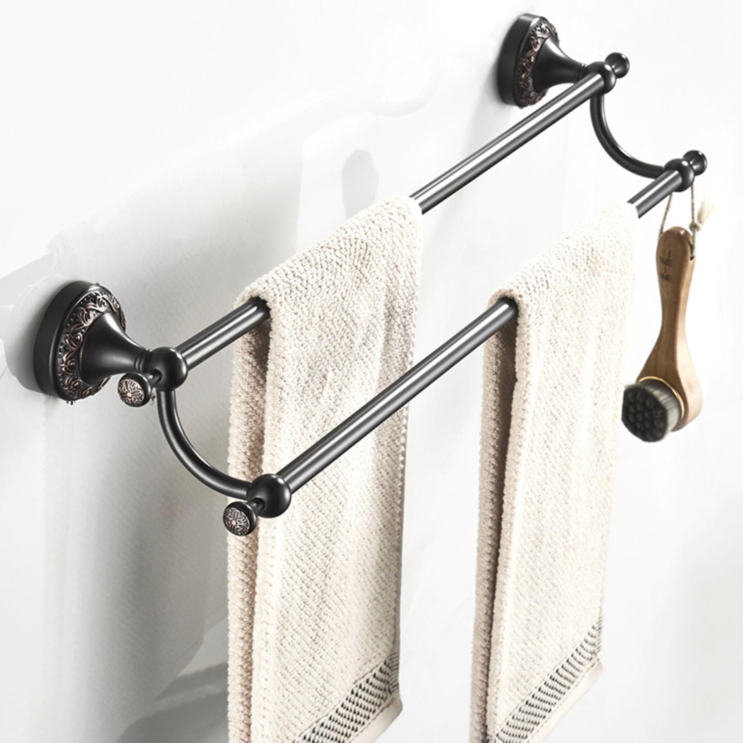 Towel Rails Multifunction Bathroom Rack, European Antique Hand-Carved Towel Bar Space Aluminum Black Gold Double Towel Rack Towel Holder, Black Bronze, 60cm