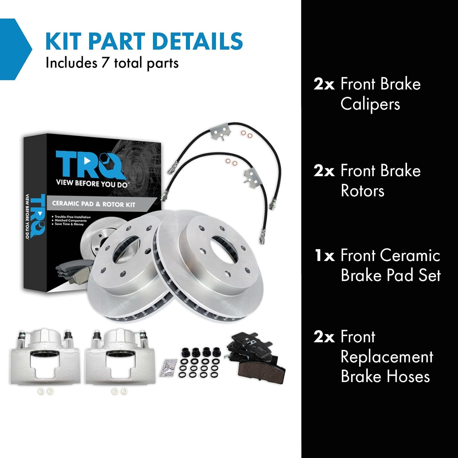TRQ Front Brake Pad and Rotor Set Ceramic Rotors Calipers Hoses Compatible with 1996-1999 Chevrolet K1500 Suburban Tahoe 1996-1998 K2500 GMC K1500 Sub