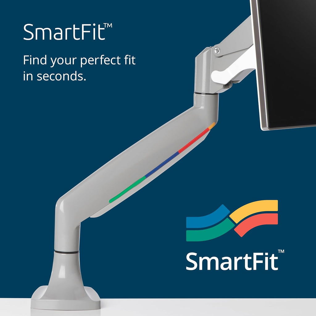 Kensington SmartFit One-Touch Monitor Arm – Height Adjustable Gas Spring for Single Monitor, 13″–32″, 360° Rotation, ±90° Tilt, Cable Management – White (K55470WW)