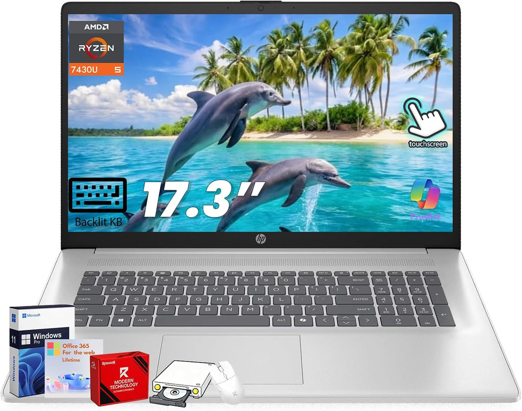 HP 17.3' HD+ Touchscreen Laptop (2026), AMD Ryzen 5 7430U (Up to 4.3GHz), 12GB DDR4 RAM, 512GB PCIe NVMe SSD, Wi-Fi 6, Backlit Keyboard, Bluetooth 5.4, HP Fast Charge, Windows 11 Pro, Natural Silver