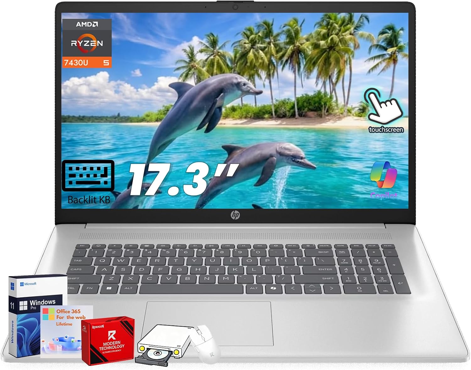 HP 17.3' HD+ Touchscreen Laptop (2026), AMD Ryzen 5 7430U (Up to 4.3GHz), 12GB DDR4 RAM, 512GB PCIe NVMe SSD, Wi-Fi 6, Backlit Keyboard, Bluetooth 5.4, HP Fast Charge, Windows 11 Pro, Natural Silver