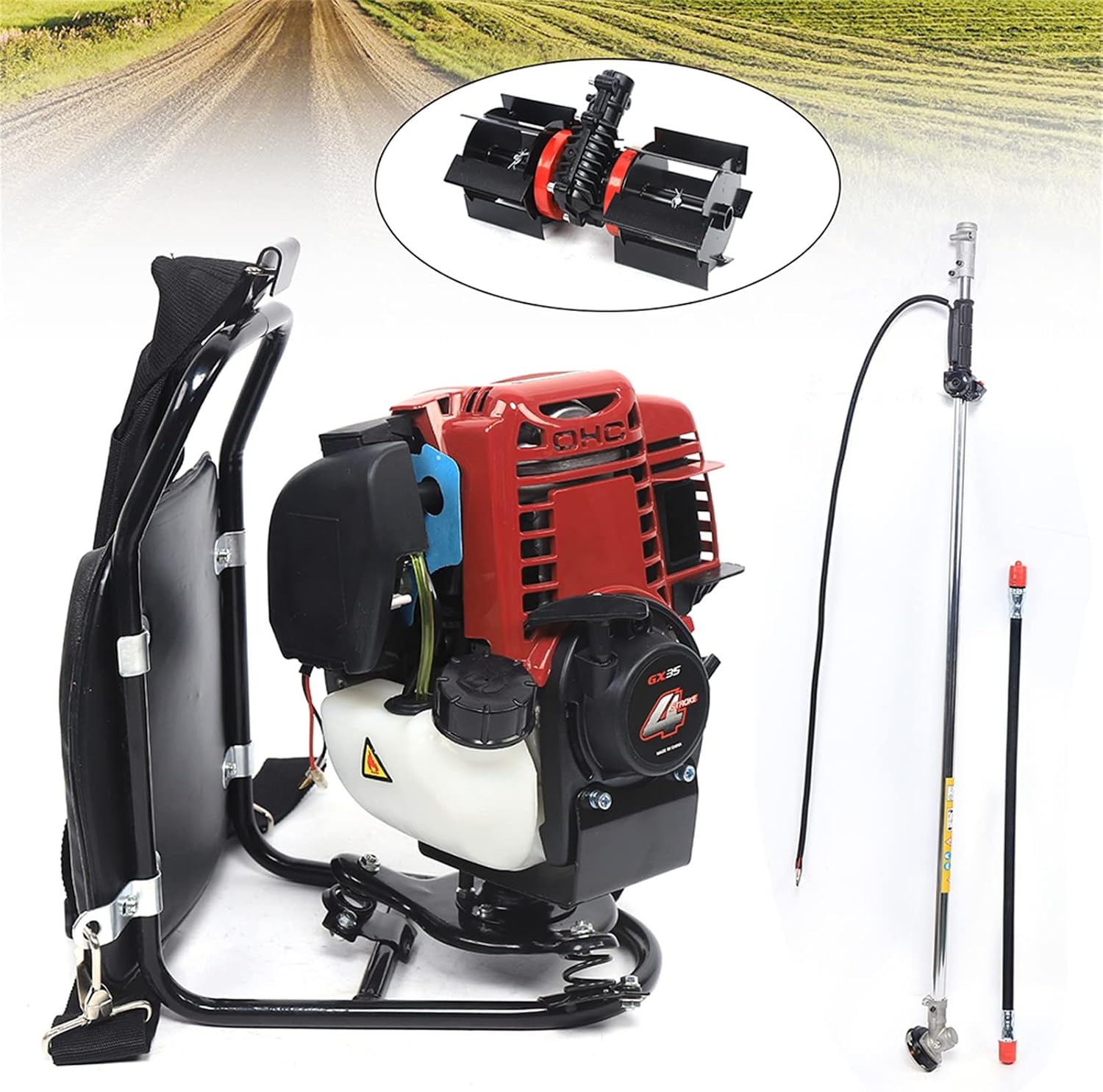 35.4CC Gas Powered Weed Wacker, 4-Stroke 1KW 4500-8500RPM Gasoline Weed Eater String Trimmer, Backpack Lawn Edge Cutter, Brush Cutter, Hedge Trimmer for Farmland Weeding, Harvesting, Clearing