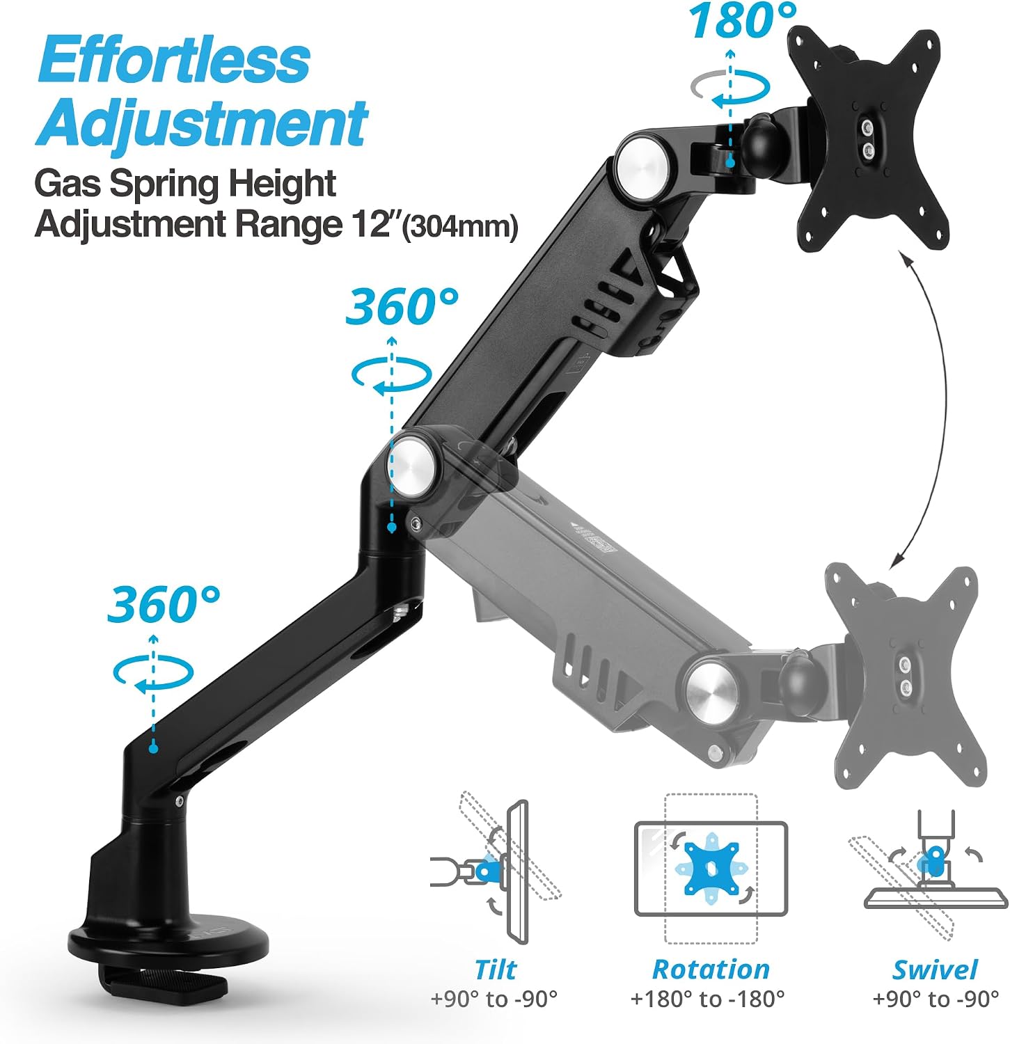 AVLT Single 13'-38' Monitor Arm Desk Mount fits One Flat/Curved/Ultrawide Screens Full Motion Height Swivel Tilt Rotation Adjustable - VESA/C-Clamp/Cable Management - Black