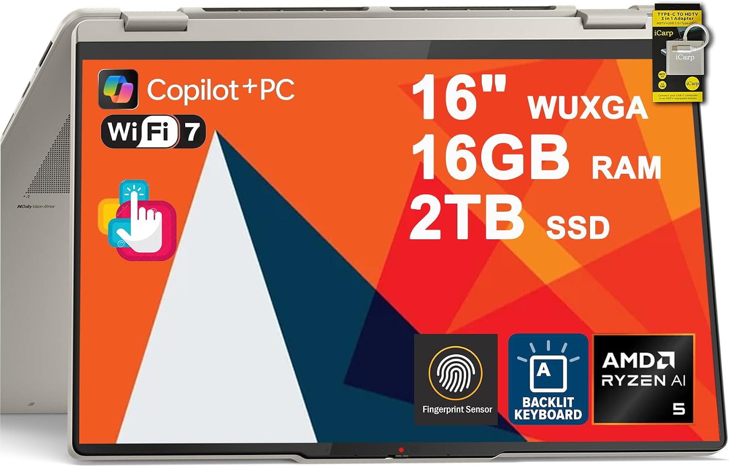 Lenovo Yoga 7 2-in-1 Laptop 16' WUXGA IPS Touch (Glossy Anti-Fingerprint) AMD 8-core Ryzen AI 5 340 (Up to 50 AI Tops) 16GB RAM 2TB SSD for Creator Business Professional Win11Pro ICP Hub