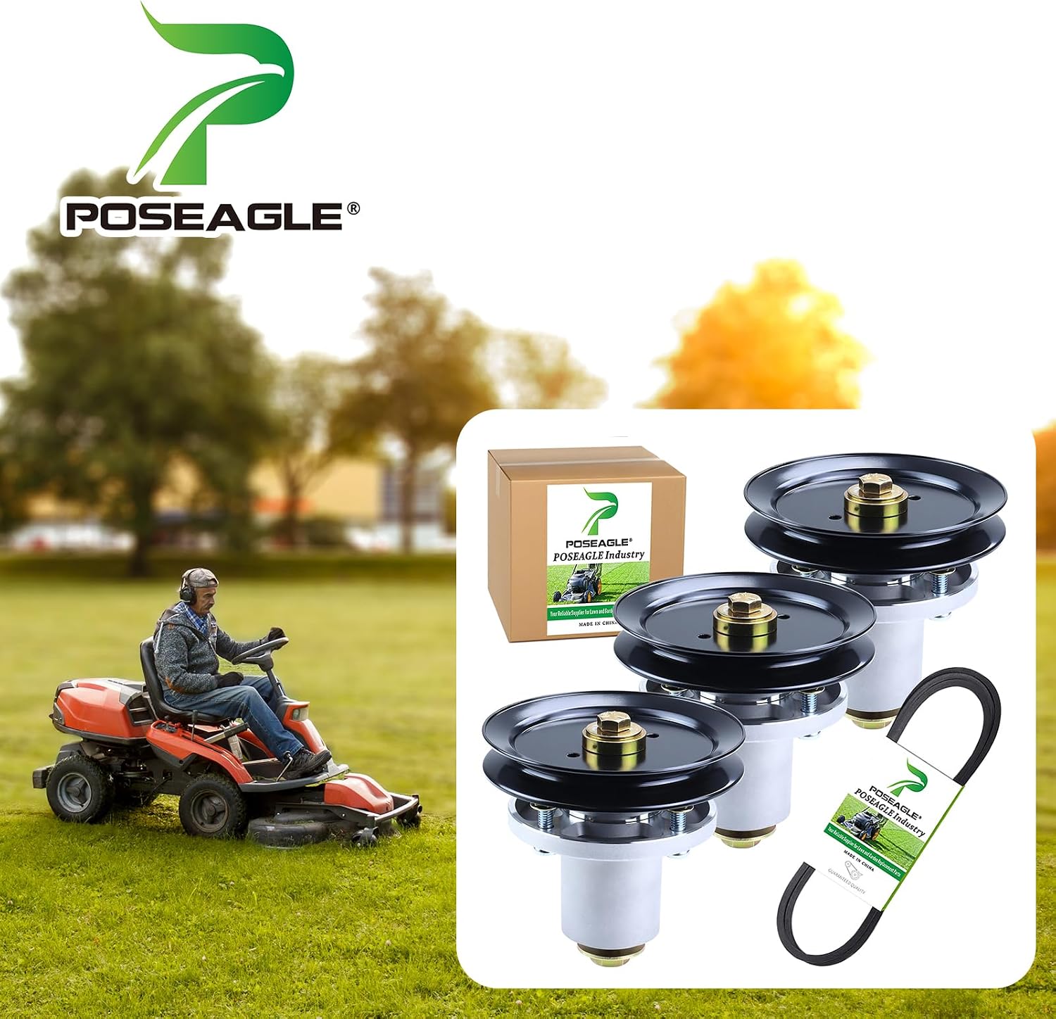 3 Pack 607418 Spindle Assembly with 604704 Spindle Pulley 604711 Belt Replaces Hustler 601804 Spindle Assembly for Hustler Raptor SD 60 Deck Spindles, Hustler 60 inch Mower Deck Spindles