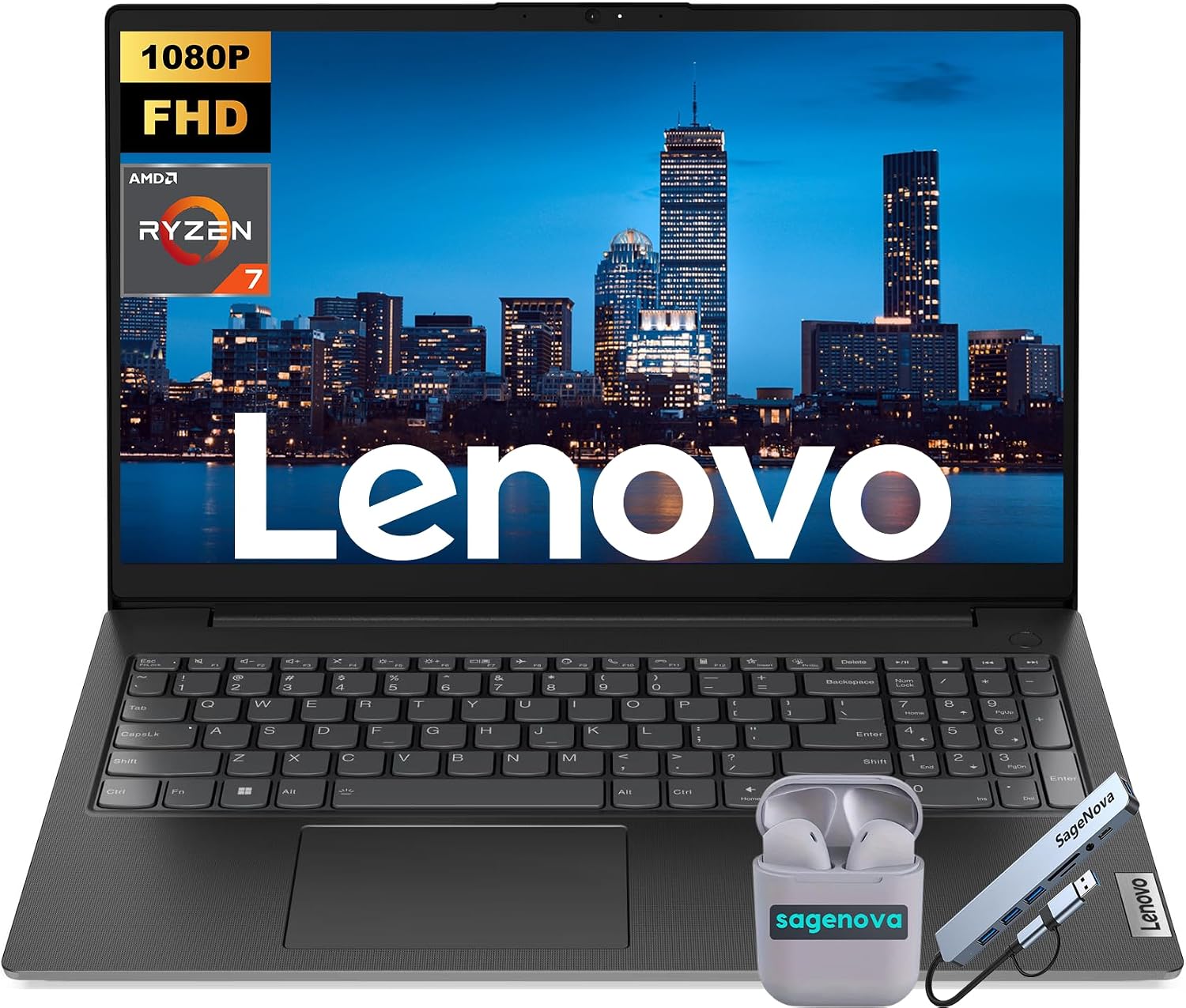 Lenovo V15 Business Laptop, 15.6' FHD LED Laptop Computer,40GB RAM 2.5TB Storage (2TB SSD+512GB Docking Station Set), AMD Ryzen 7 7730U (8-Core), Windows 11, HDMI, SageNova Earphones, Black