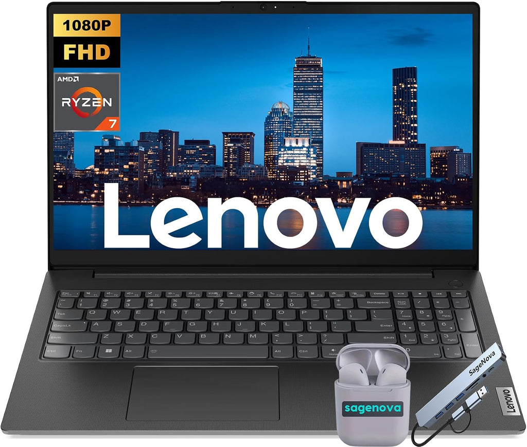 Lenovo V15 Business Laptop, 15.6' FHD LED Laptop Computer, 16GB RAM 512GB Storage (256GB SSD+256GB Docking Station Set), AMD Ryzen 7 7730U (8-Core), Windows 11, HDMI, SageNova Earphones, Black