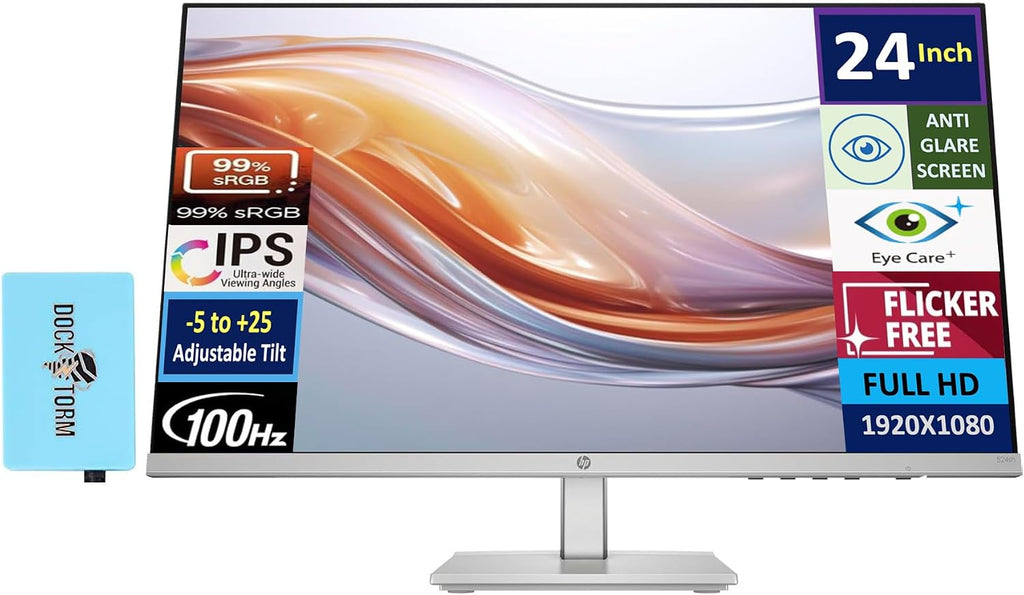 HP Series 5 524sh Monitor (Replaces M24h) 24' IPS FHD (1920x1080) 99% sRGB Display, Adjustable Tilt, Flicker Free, Anti-Glare, Low-Blue Light Filter, Black/Silver w/DKZ Hub USB Port Expander