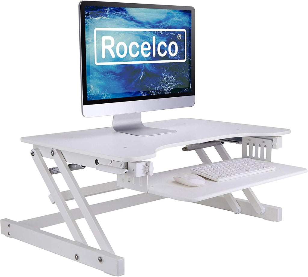 Rocelco 32' Height Adjustable Standing Desk Converter - Quick Sit Stand Up Dual Monitor Riser - Gas Spring Assist Tabletop Computer Workstation - Large Retractable Keyboard Tray - White (R ADRW)